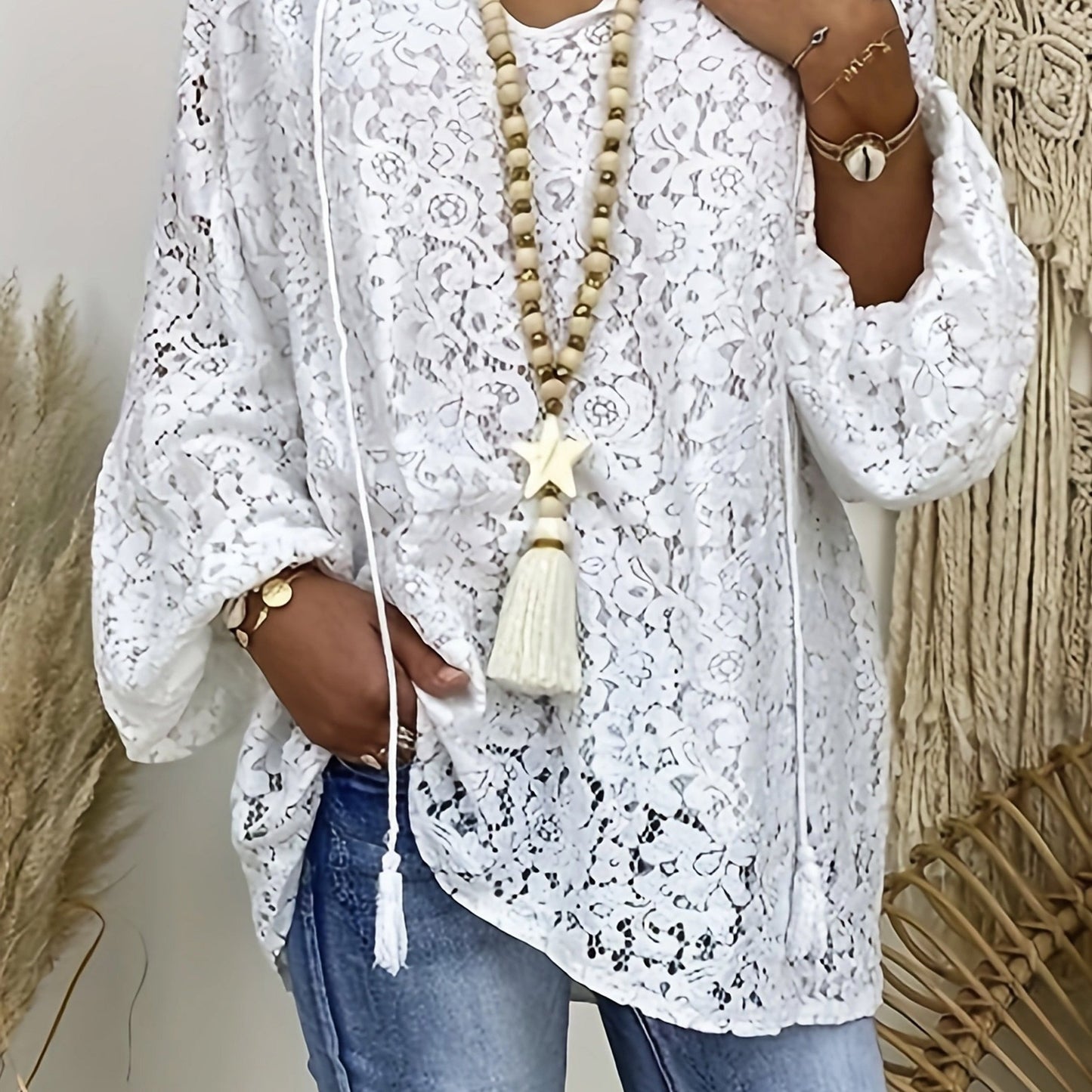 Plus Size Boho Blouse, Women's Plus Solid Lace Lantern Sleeve Tassel Trim V Neck Tunic Shirt Top