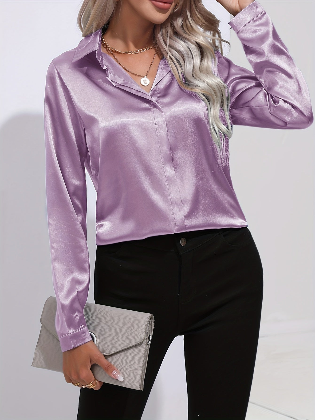 Solid Color Button Up Shirt, Elegant Long Sleeve Collared Blouse For Spring & Fall, Women's Clothing