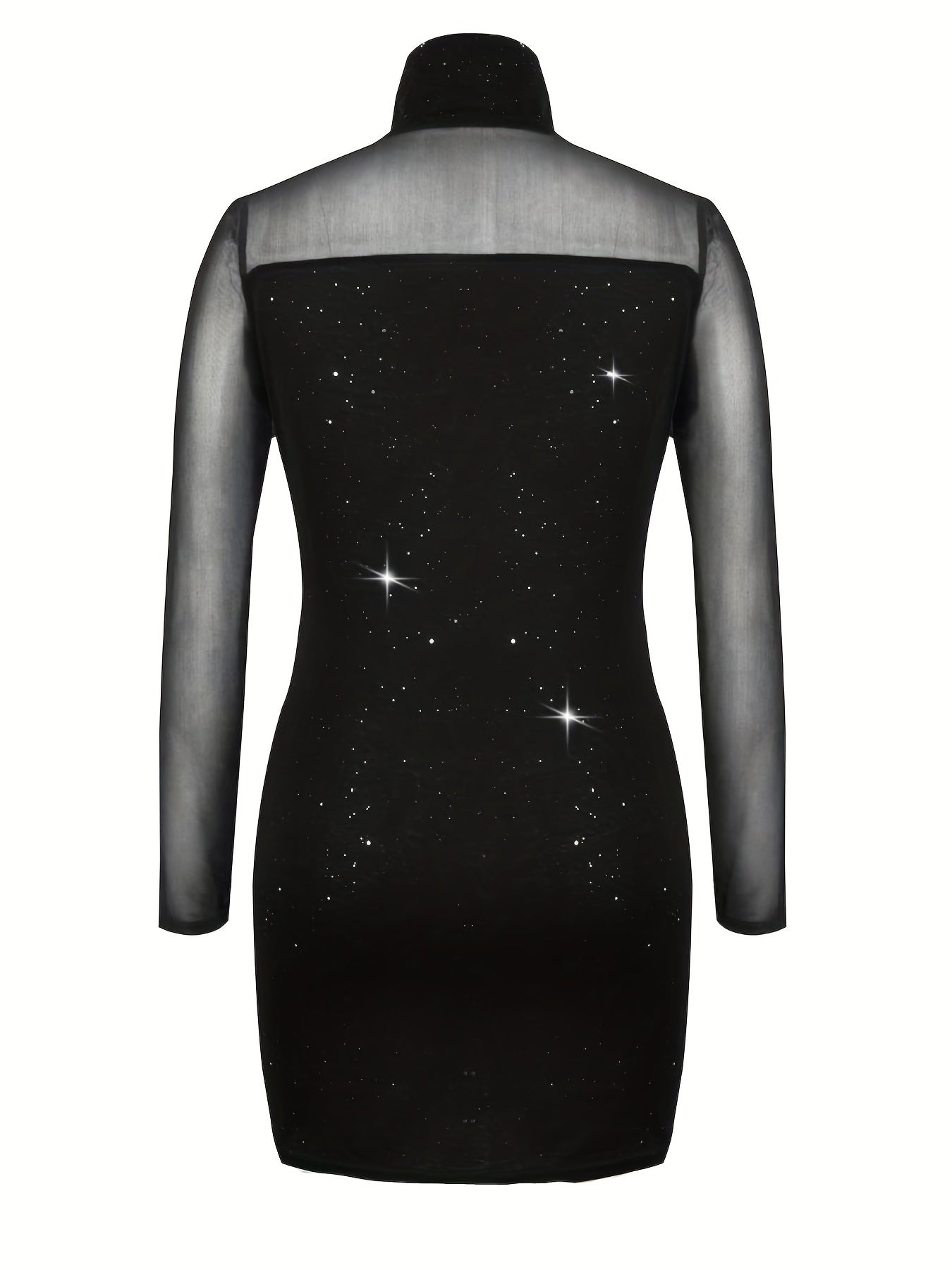 Sultry Sheer Splicing Bodycon Dress - Women's Sexy High Collar Long Sleeve Evening Dresses - Form-Fitting, Stretchy, Solid Color, Backless Design for a Night Out