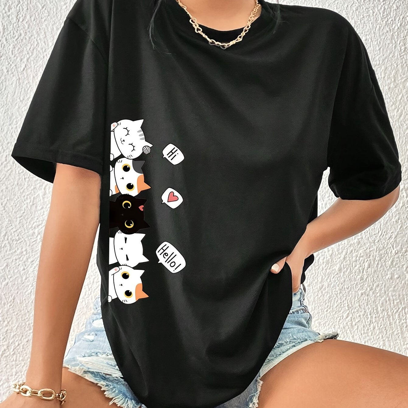 Whimsical Feline Tee - Classic Round Neck, Comfortable Short Sleeves, Versatile Sports Tee for Daily Wear or Athletic Activities - Ideal for Casual Womens Tops
