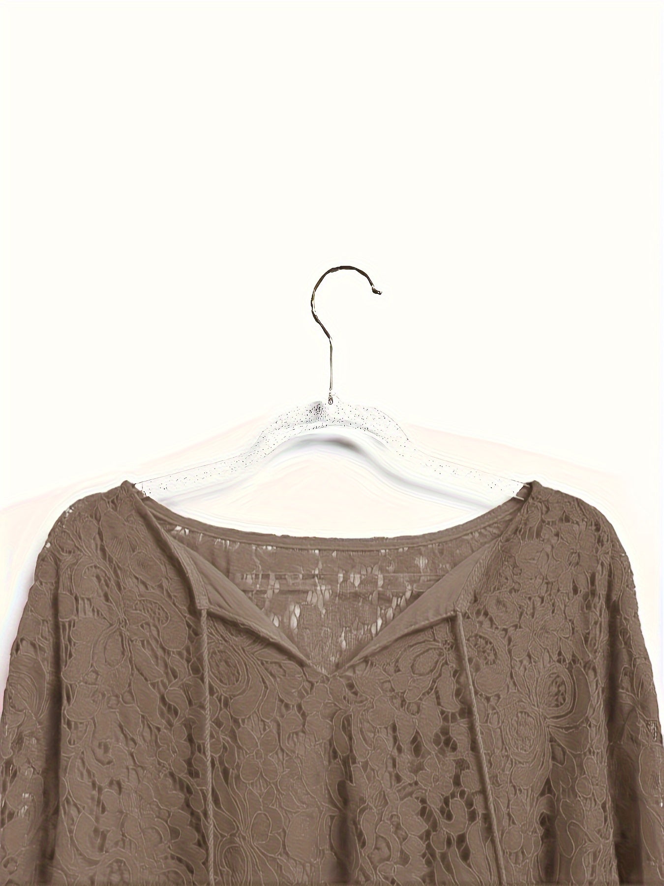 Plus Size Boho Blouse, Women's Plus Solid Lace Lantern Sleeve Tassel Trim V Neck Tunic Shirt Top