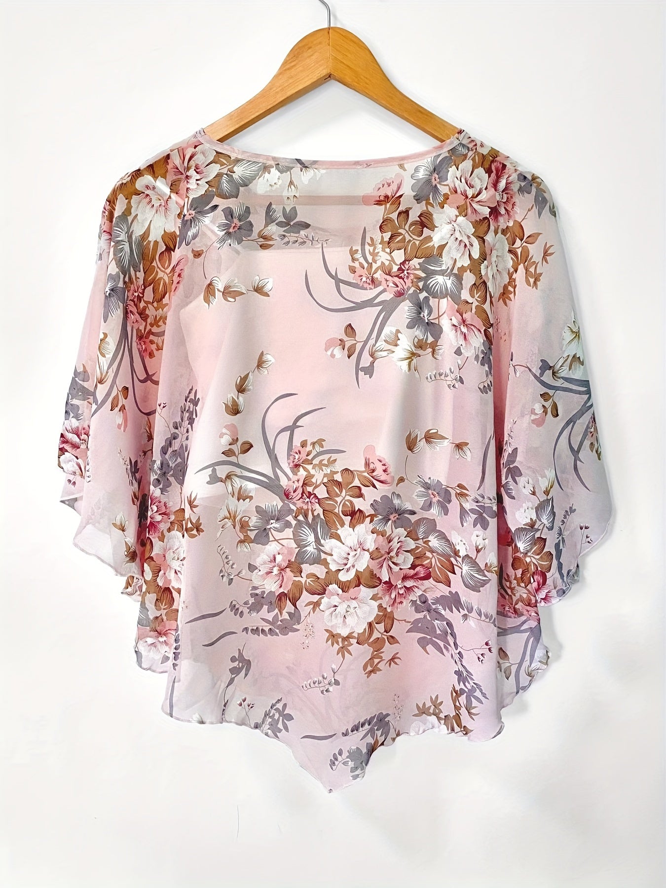 Floral Print Semi-sheer Blouse, Elegant Batwing Sleeve Irregular Hem Top For Spring & Summer, Women's Clothing
