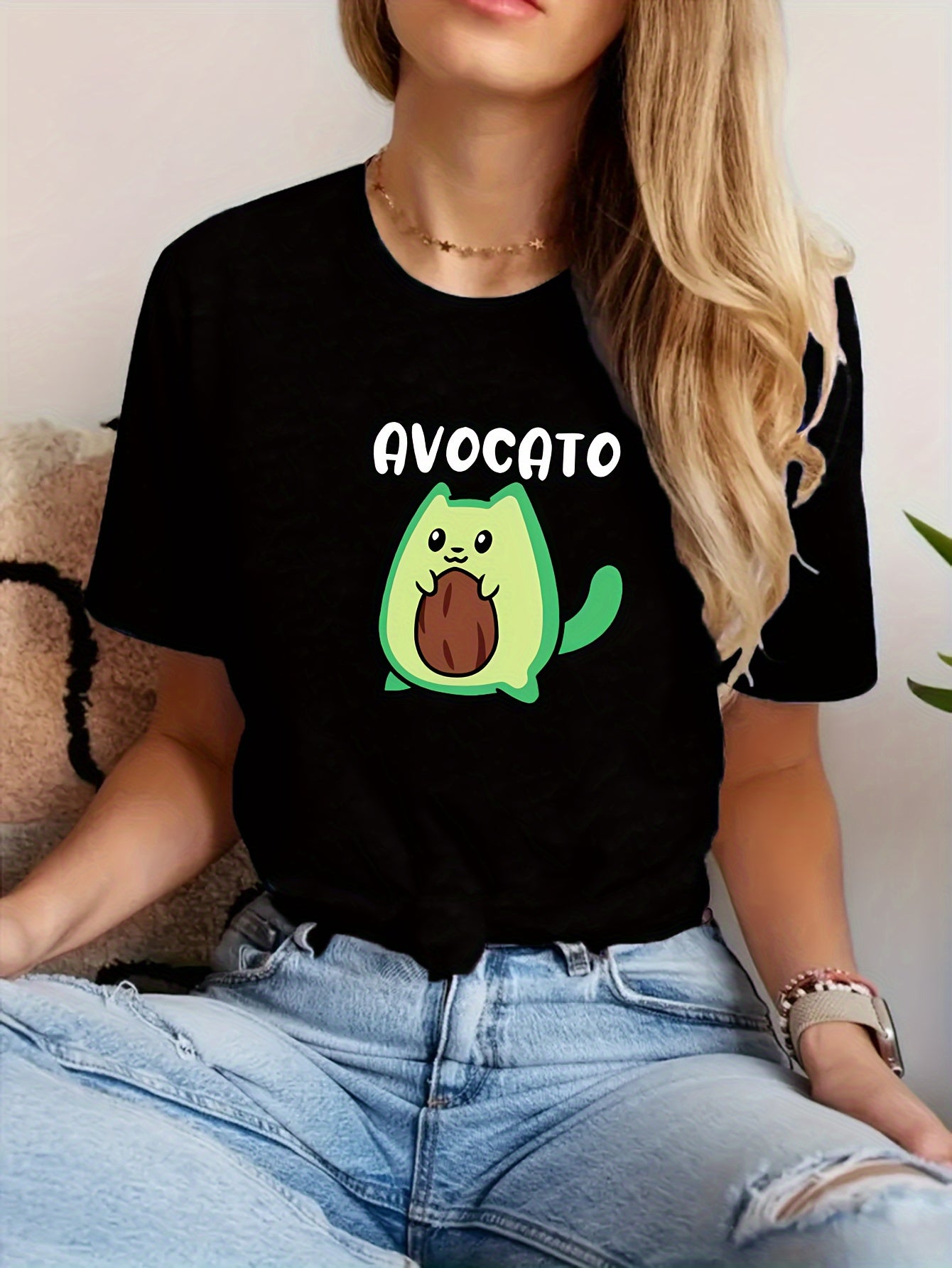 Avocado Cartoon Graphic Sports Tee, Casual Crew Neck Workout Fitness Short Sleeves Tops, Women's Activewear