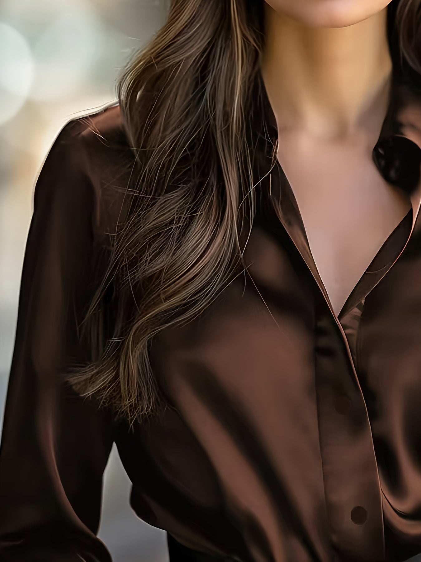 Elegant Black Satin Long Sleeve Blouse for Women - Smooth Polyester Fabric, Button-Up Collar Shirt, Machine Washable, Perfect for Casual or Professional Wear