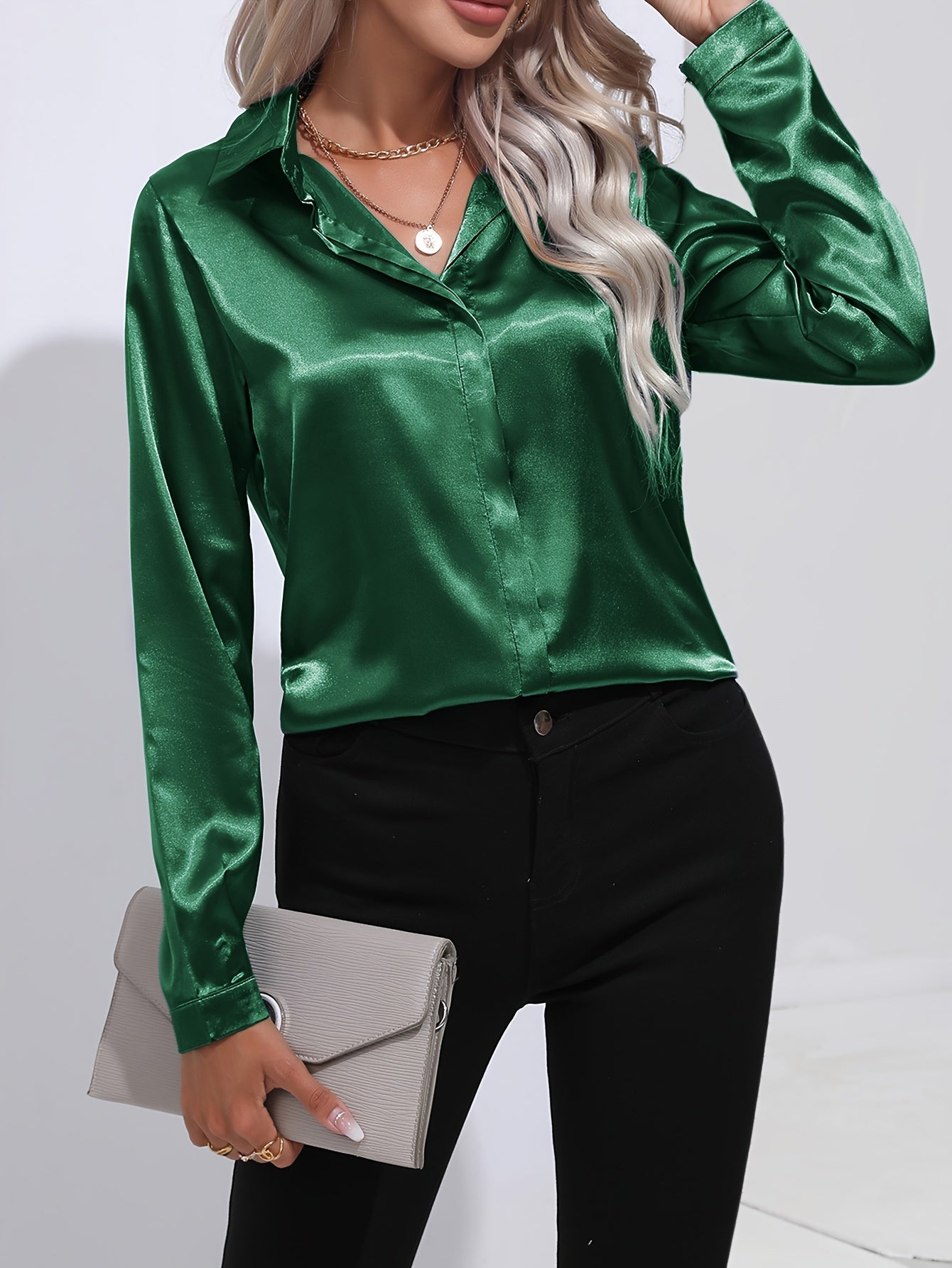 Solid Color Button Up Shirt, Elegant Long Sleeve Collared Blouse For Spring & Fall, Women's Clothing