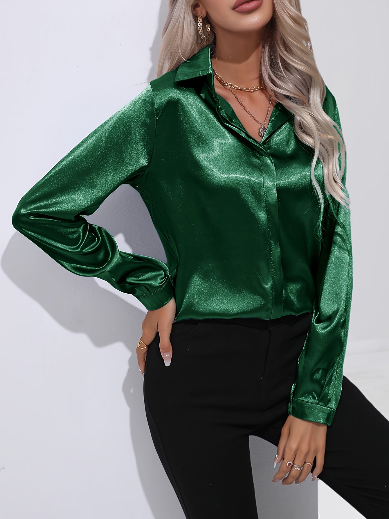 Solid Color Button Up Shirt, Elegant Long Sleeve Collared Blouse For Spring & Fall, Women's Clothing
