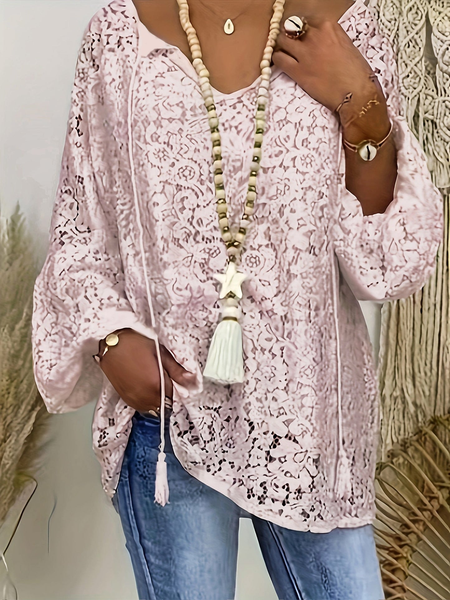 Plus Size Boho Blouse, Women's Plus Solid Lace Lantern Sleeve Tassel Trim V Neck Tunic Shirt Top