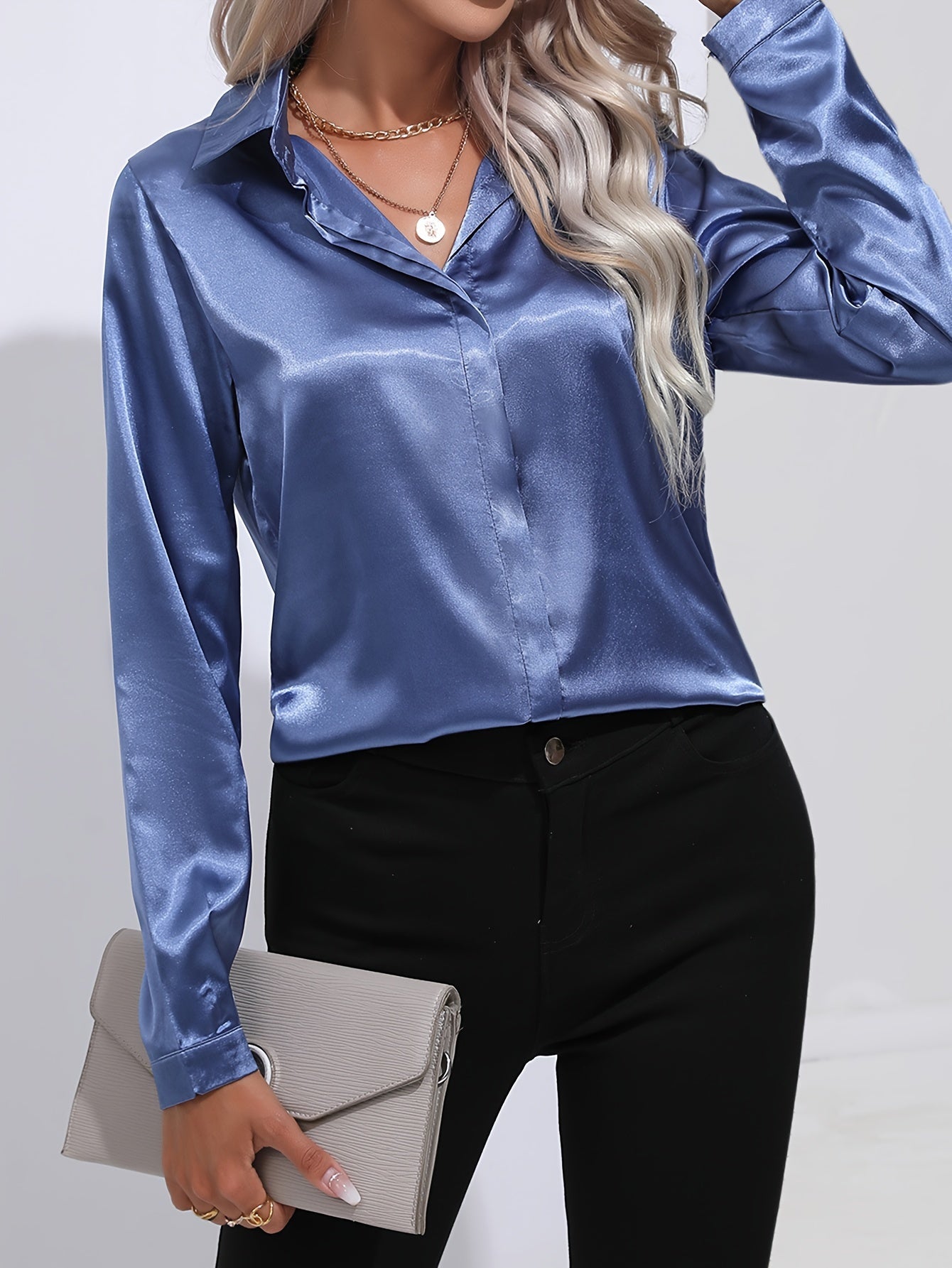 Solid Color Button Up Shirt, Elegant Long Sleeve Collared Blouse For Spring & Fall, Women's Clothing