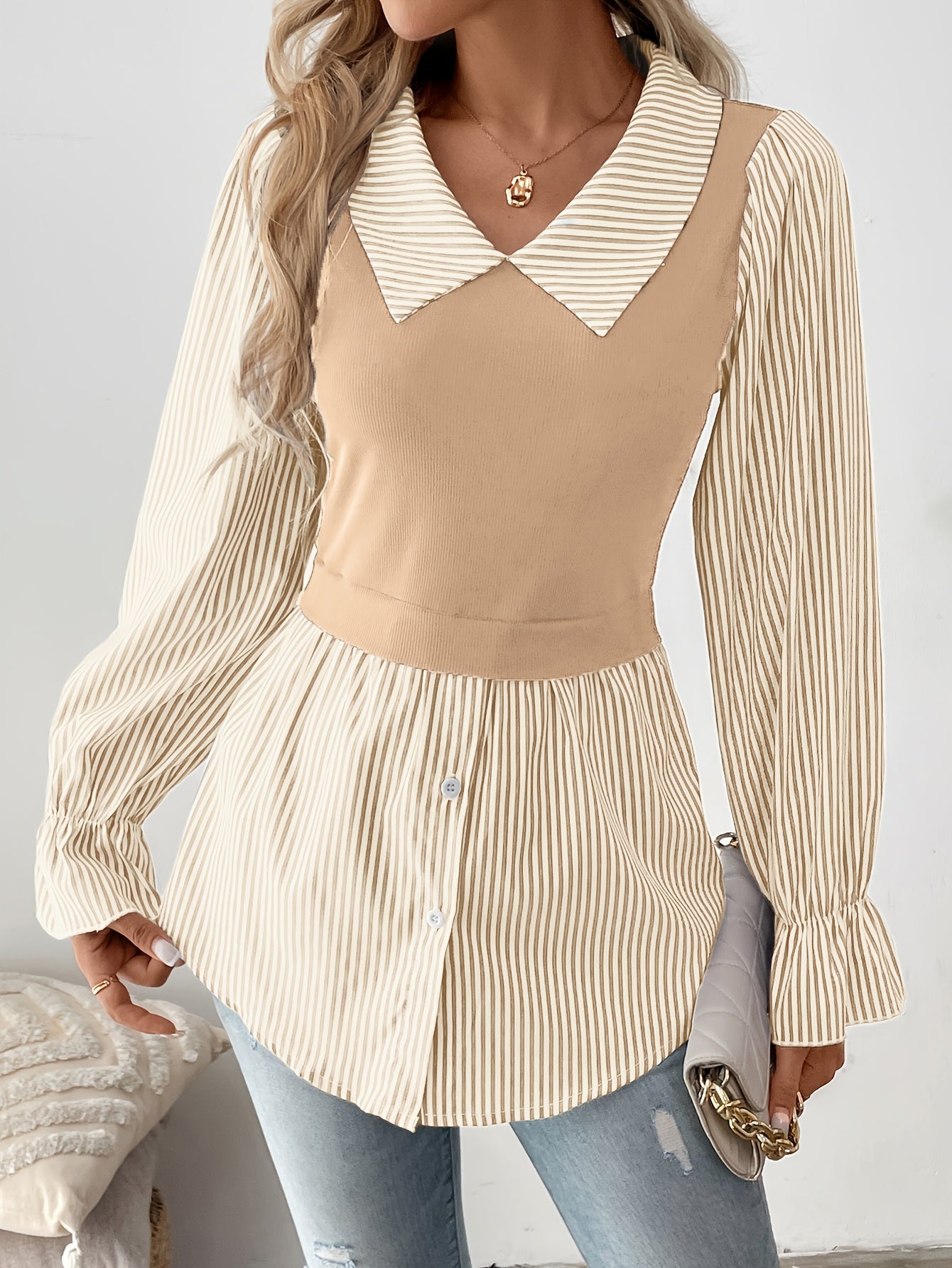 Striped Print Color Block Blouse, Elegant Long Sleeve Button Front Blouse For Spring & Fall, Women's Clothing