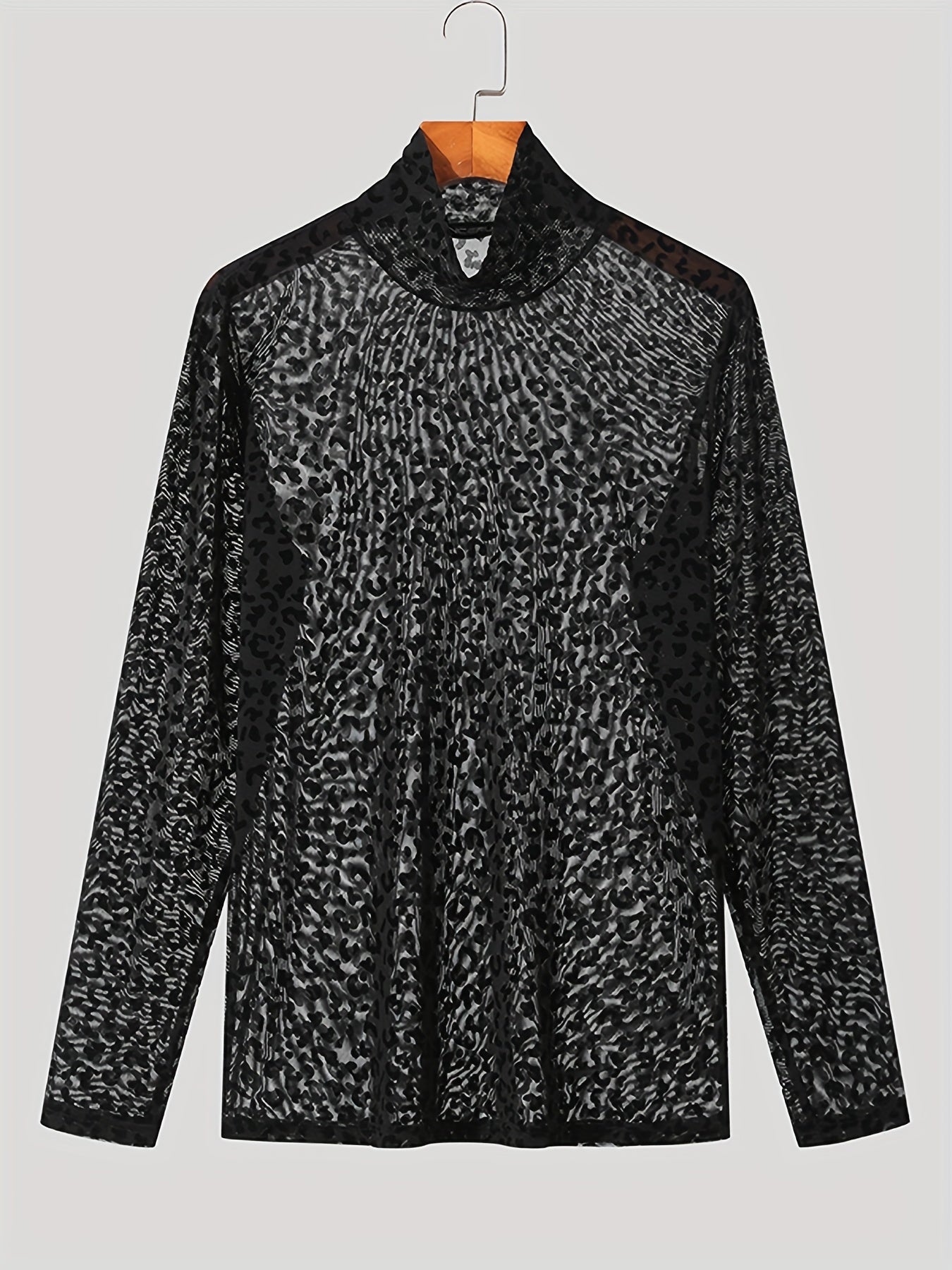 Mens O-neck Mesh Shirt Leopard Pattern See Through Blouse Party Sexy Shirt Pullover