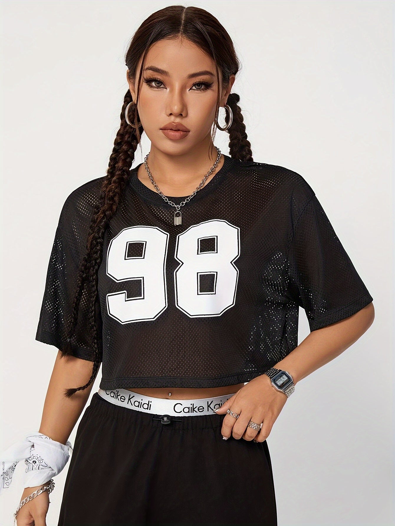 Women's Mesh Sports T-Shirt With Number 98 Print, Spring/Summer, Loose Crop Top, Y2K Vintage American Style, Casual Short Sleeve Tee