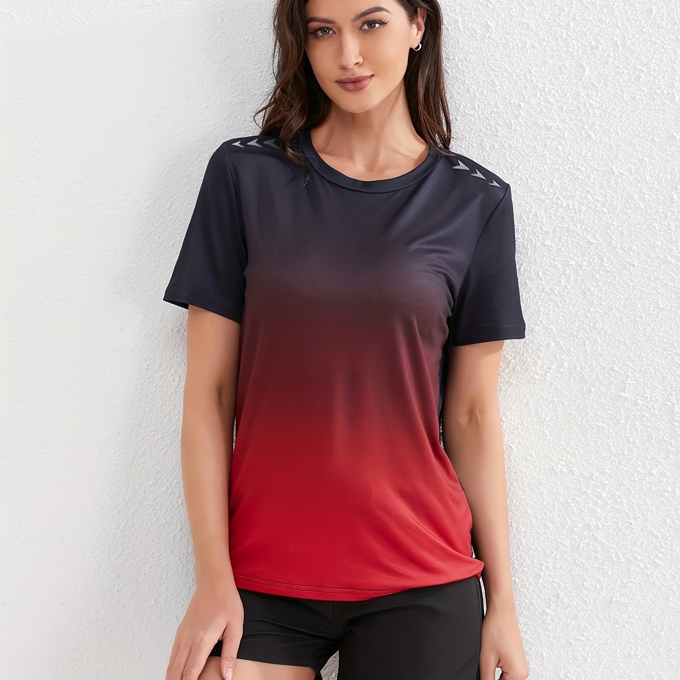 Women's Ombre Sports Tee, Gradient Shades, Casual Athletic T-Shirt, Short-Sleeve, Quick Dry, Breathable Fabric, Gym Wear, Running Top