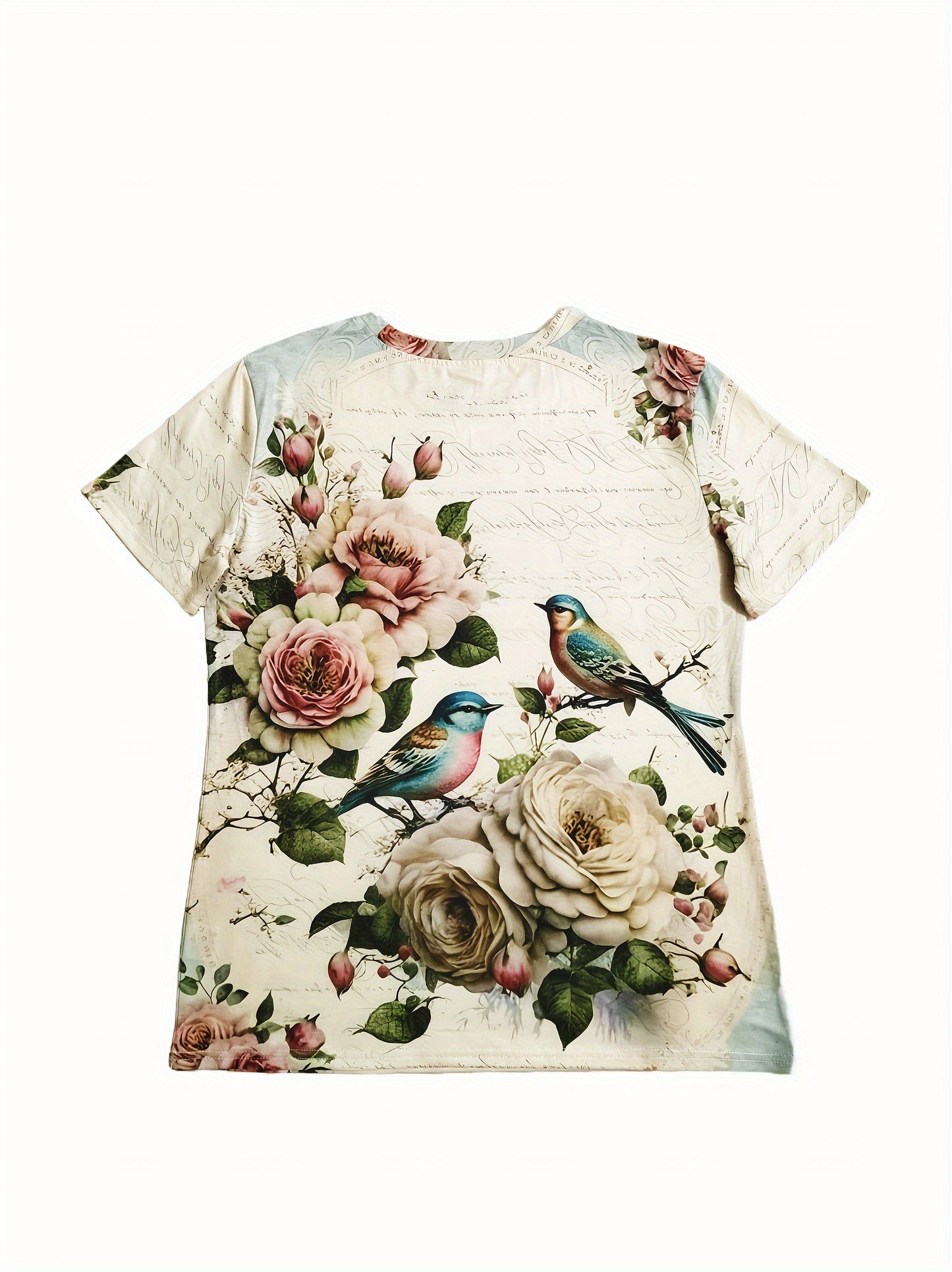 Vintage Floral Print T-Shirt - Soft Stretch Crew Neck Short Sleeve Tee