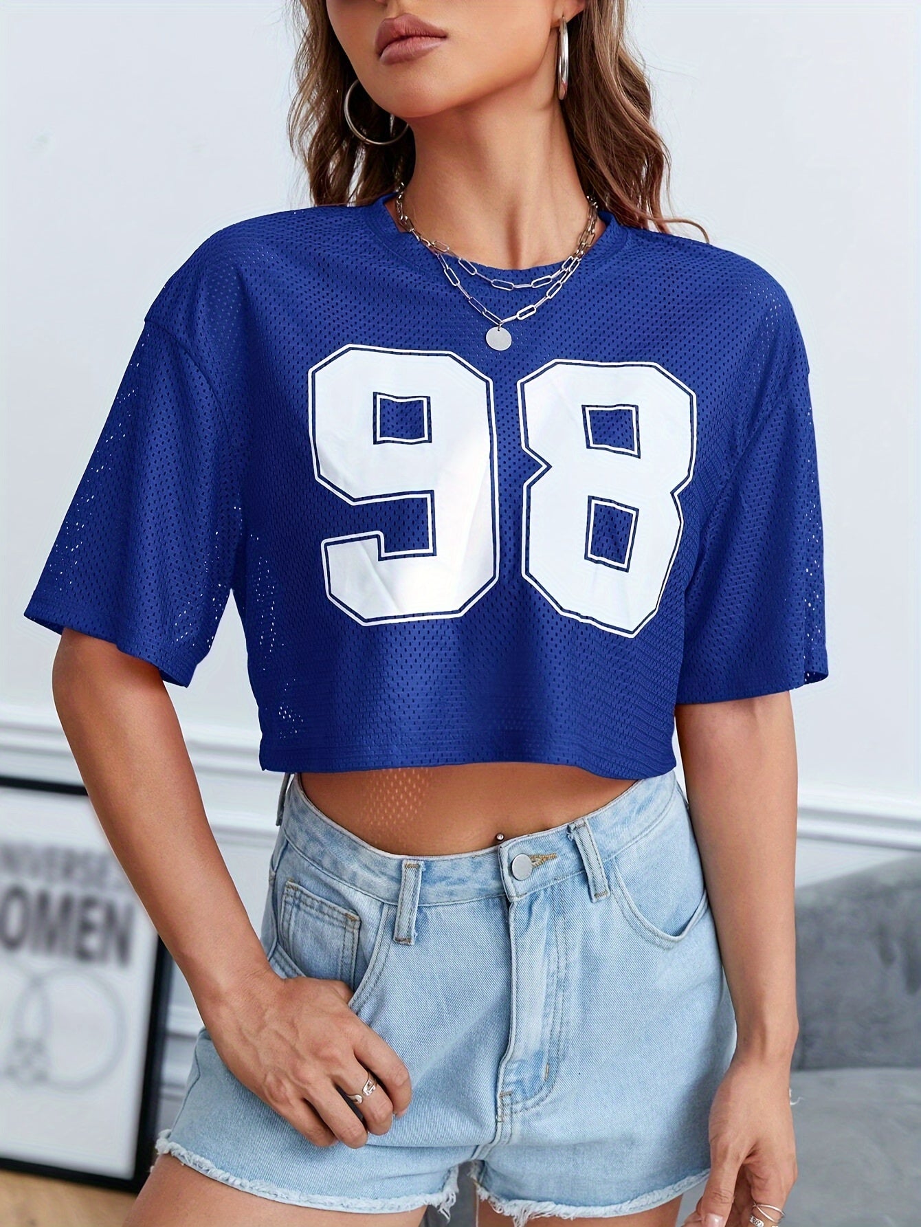 Women's Mesh Sports T-Shirt With Number 98 Print, Spring/Summer, Loose Crop Top, Y2K Vintage American Style, Casual Short Sleeve Tee