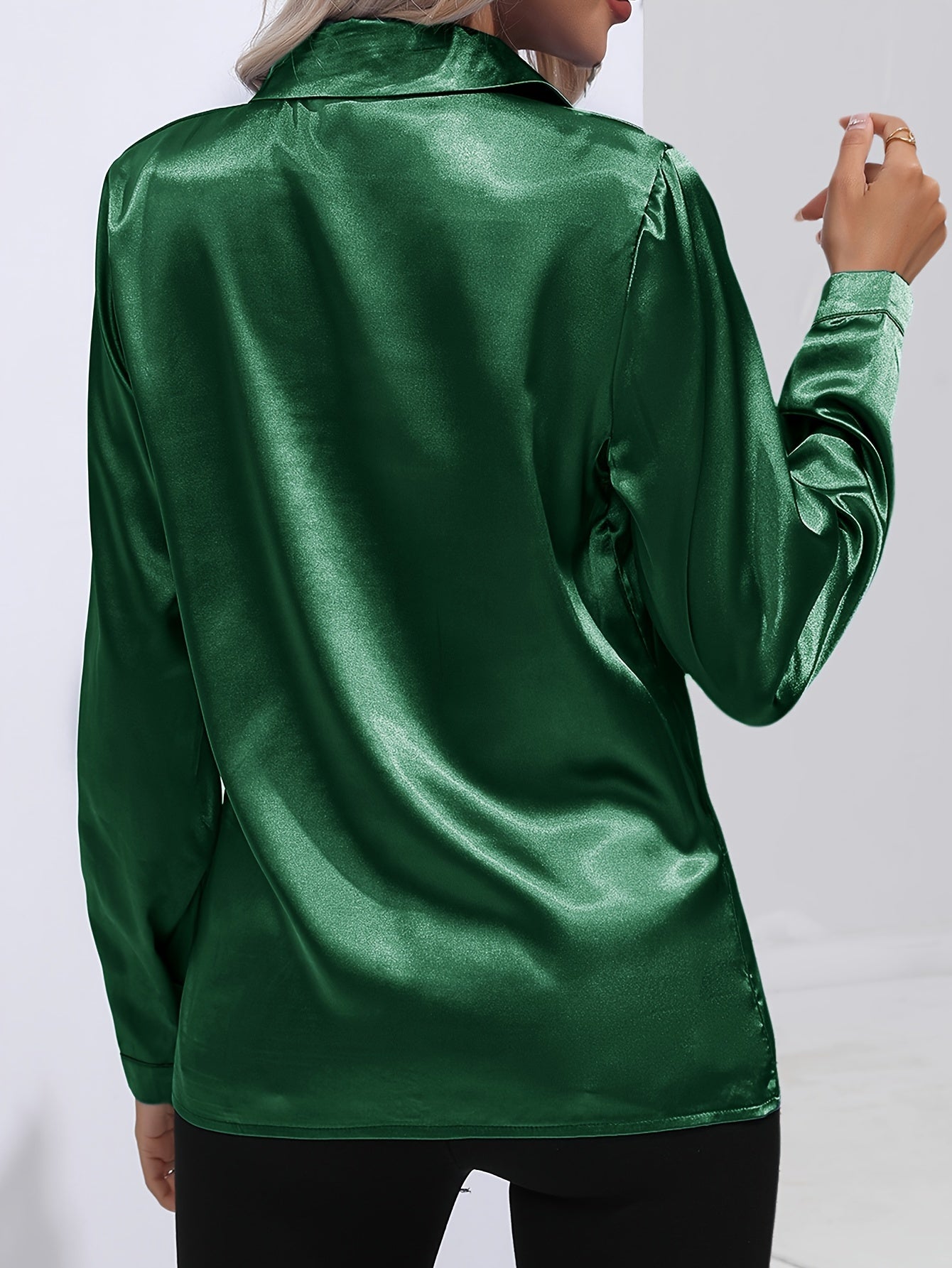 Solid Color Button Up Shirt, Elegant Long Sleeve Collared Blouse For Spring & Fall, Women's Clothing