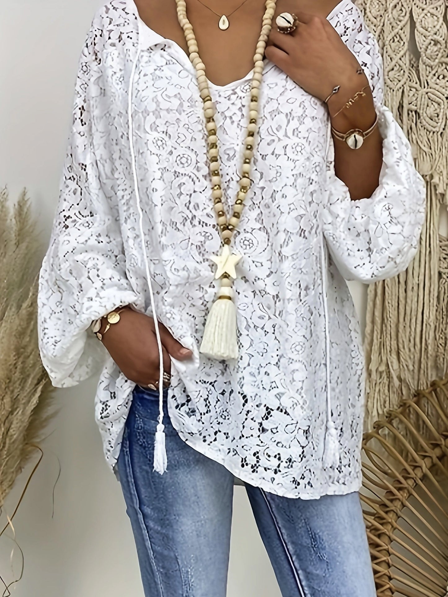 Plus Size Boho Blouse, Women's Plus Solid Lace Lantern Sleeve Tassel Trim V Neck Tunic Shirt Top