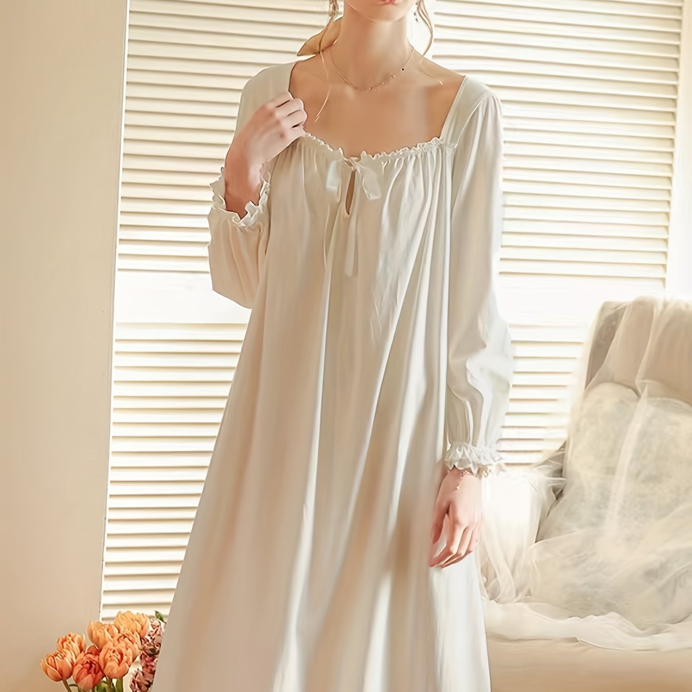 Luxurious Royal Court Style Long Sleeve Square Neck Lace Trim Lounge Dress - Soft Micro Elastic Polyester Knit Fabric, Solid Color, No Printing, Perfect for Spring, Summer, and Fall - Womens Comfortable Loungewear & Dresses f