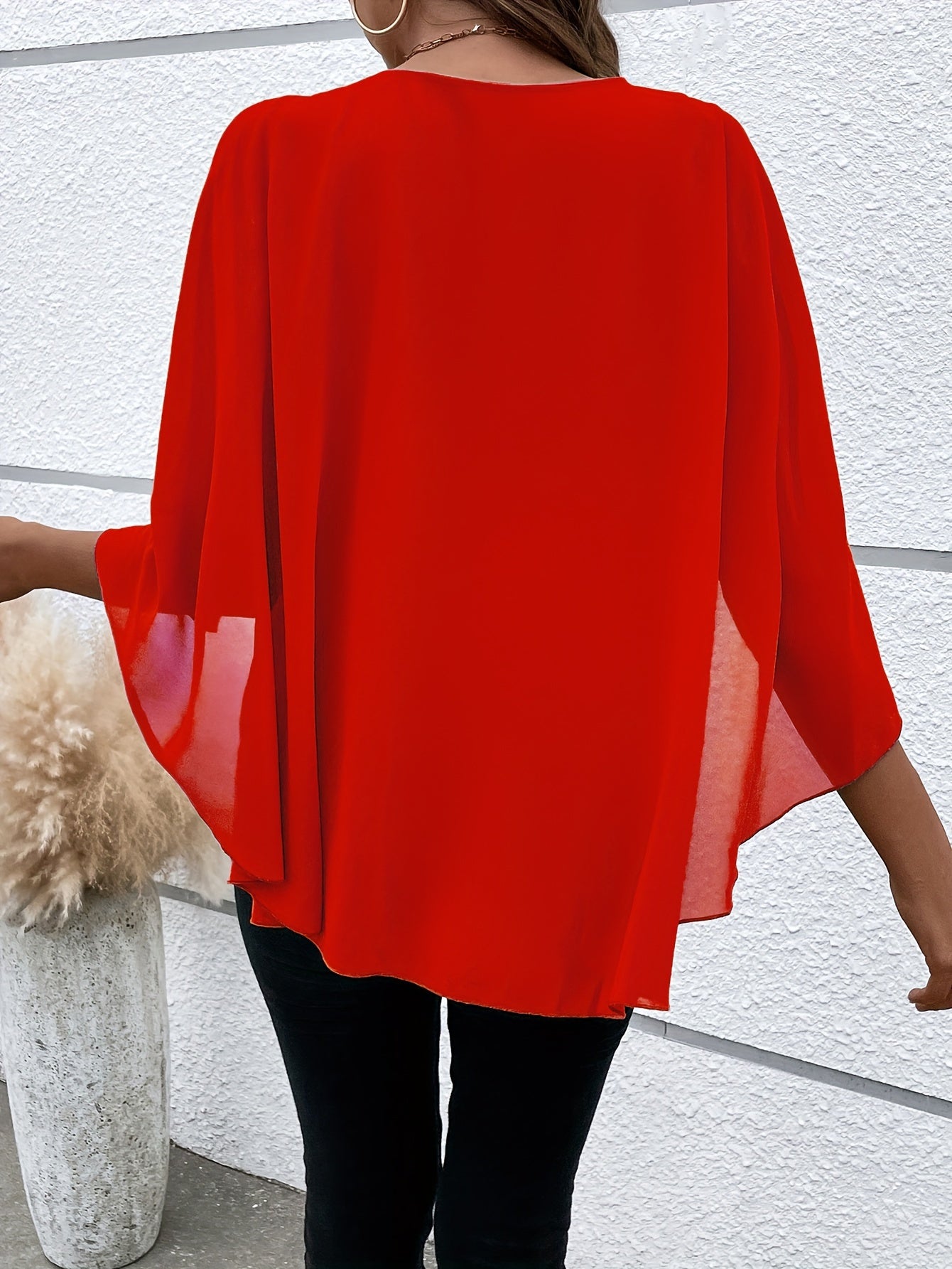 Solid Layered Cloak Sleeve Blouse, Versatile Crew Neck Blouse For Spring & Fall, Women's Clothing