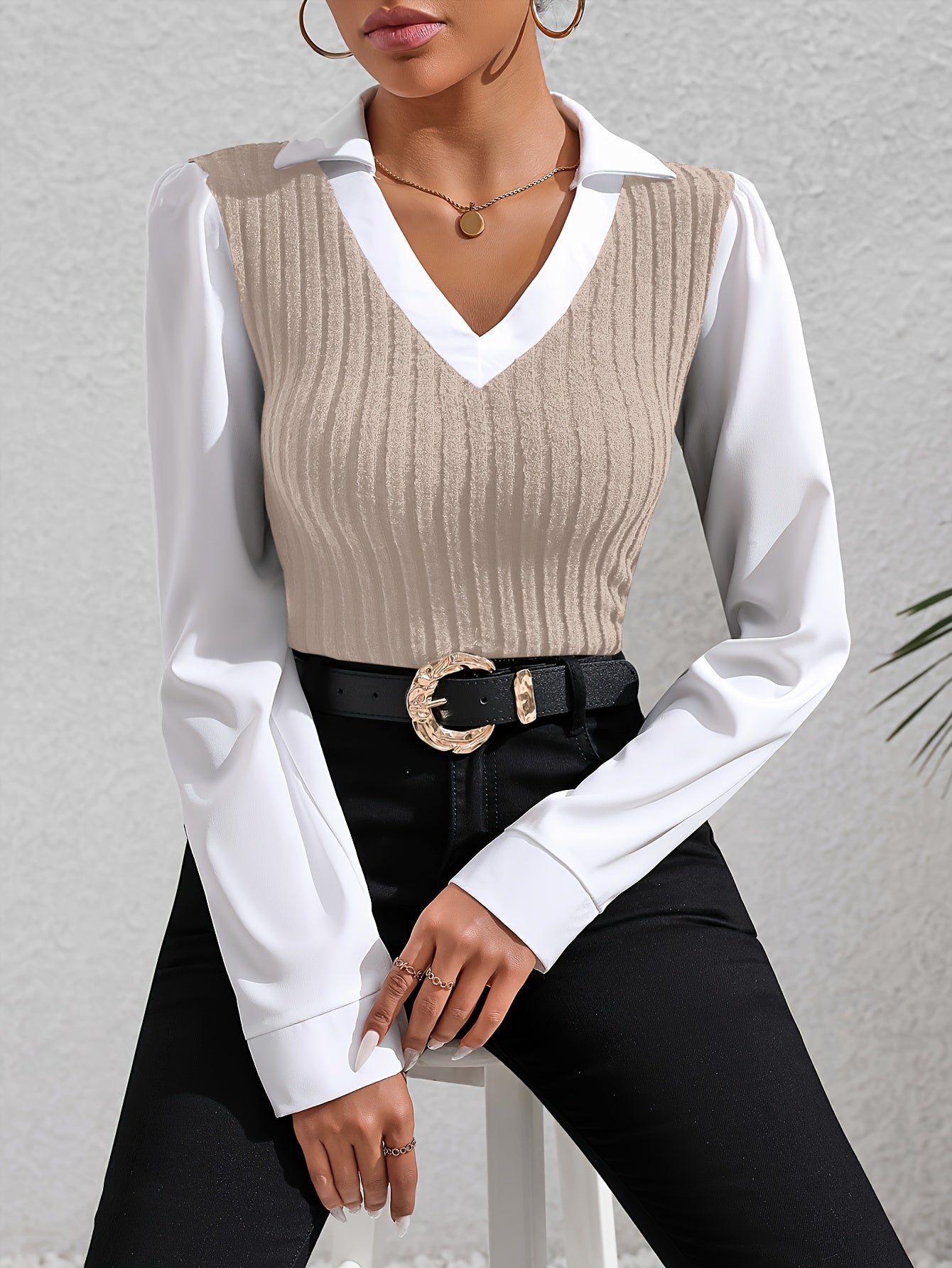 Color Block Faux Twinset Lapel Blouse, Casual Long Sleeve Blouse For Spring & Fall, Women's Clothing