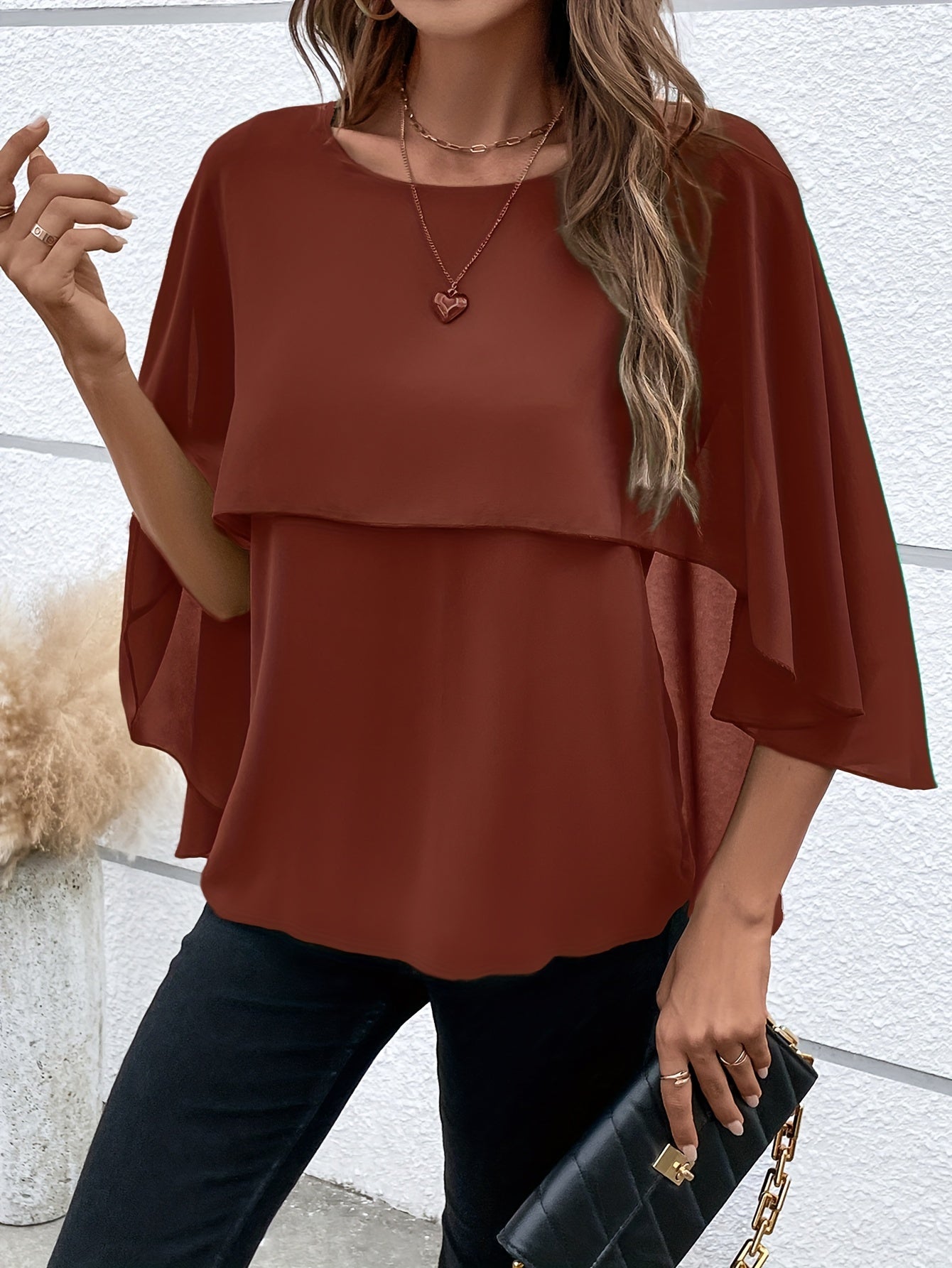 Solid Layered Cloak Sleeve Blouse, Versatile Crew Neck Blouse For Spring & Fall, Women's Clothing