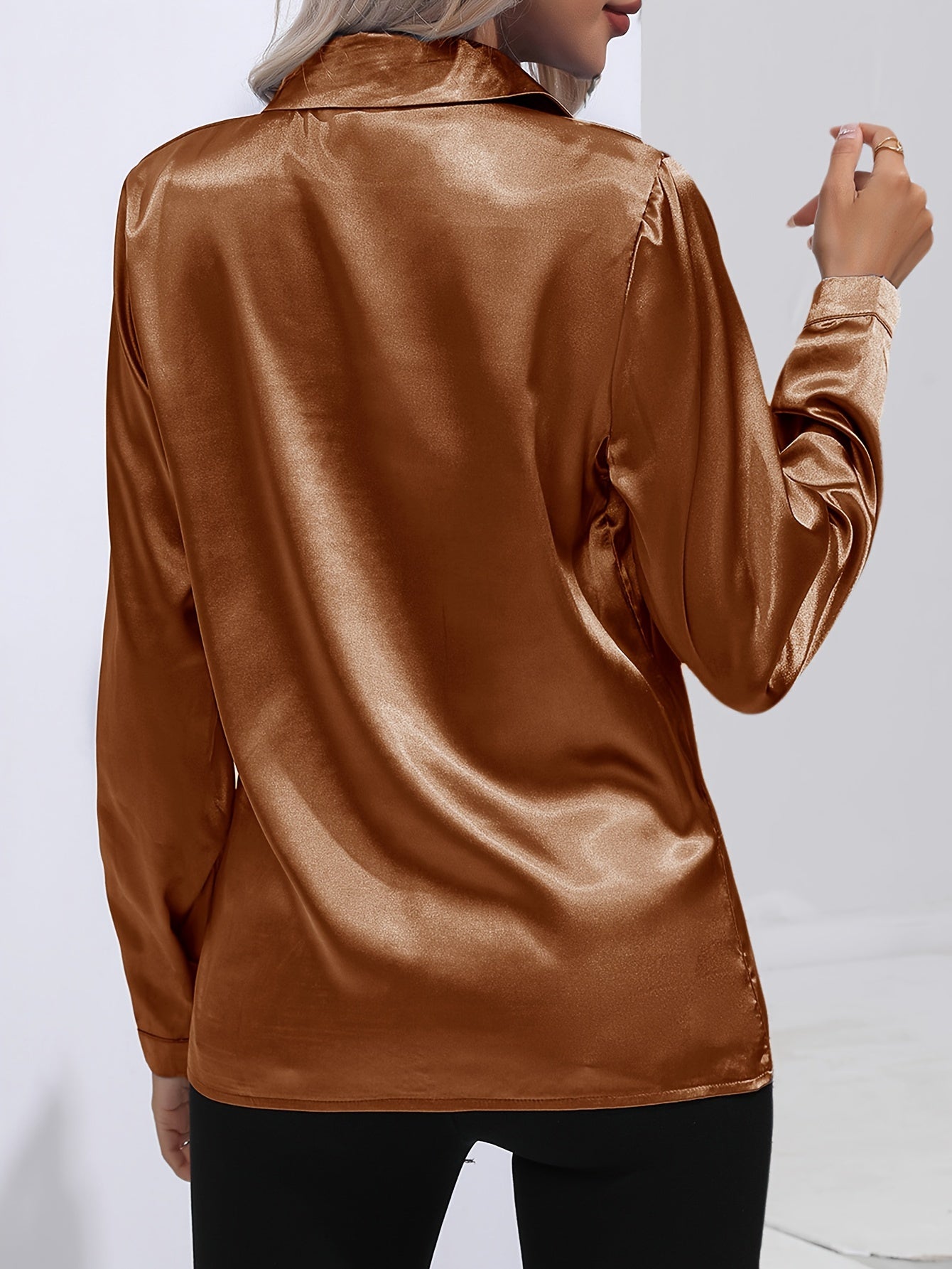 Solid Color Button Up Shirt, Elegant Long Sleeve Collared Blouse For Spring & Fall, Women's Clothing