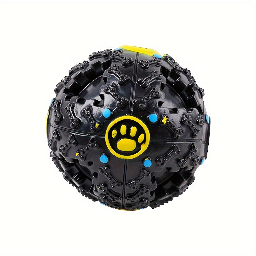 Interactive Dog Chew Toy Ball with Treat Dispenser - Durable Food-Dispensing Squeaky Toy for Teething Puppies & Dental Health, All Breeds, Black with Green & Yellow Patterns, Plastic Material
