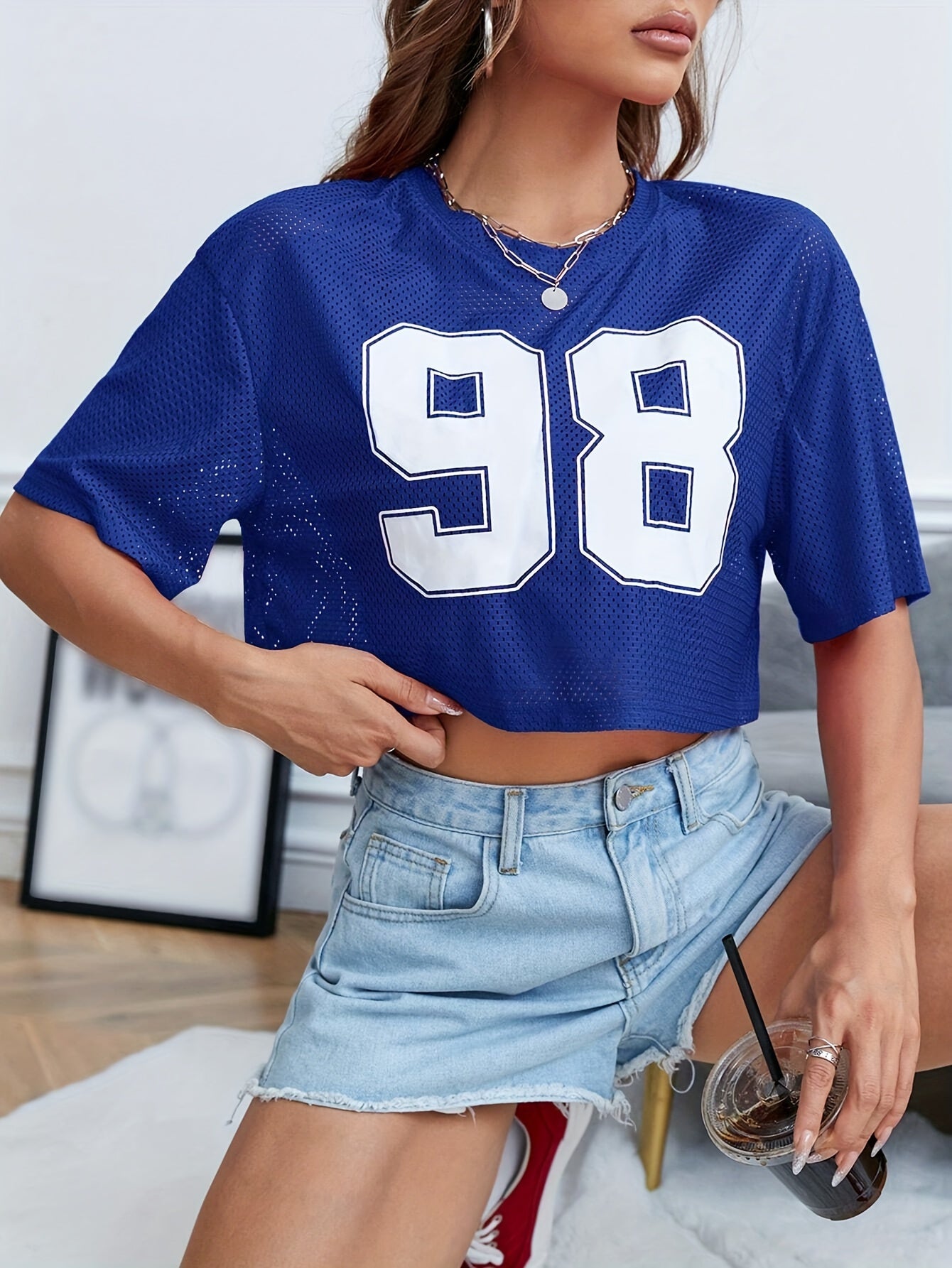 Women's Mesh Sports T-Shirt With Number 98 Print, Spring/Summer, Loose Crop Top, Y2K Vintage American Style, Casual Short Sleeve Tee