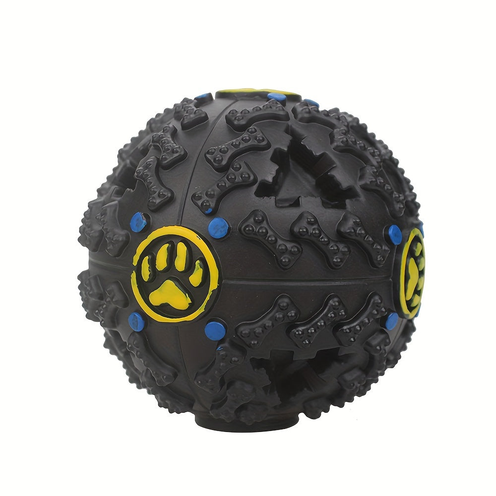 Interactive Dog Chew Toy Ball with Treat Dispenser - Durable Food-Dispensing Squeaky Toy for Teething Puppies & Dental Health, All Breeds, Black with Green & Yellow Patterns, Plastic Material