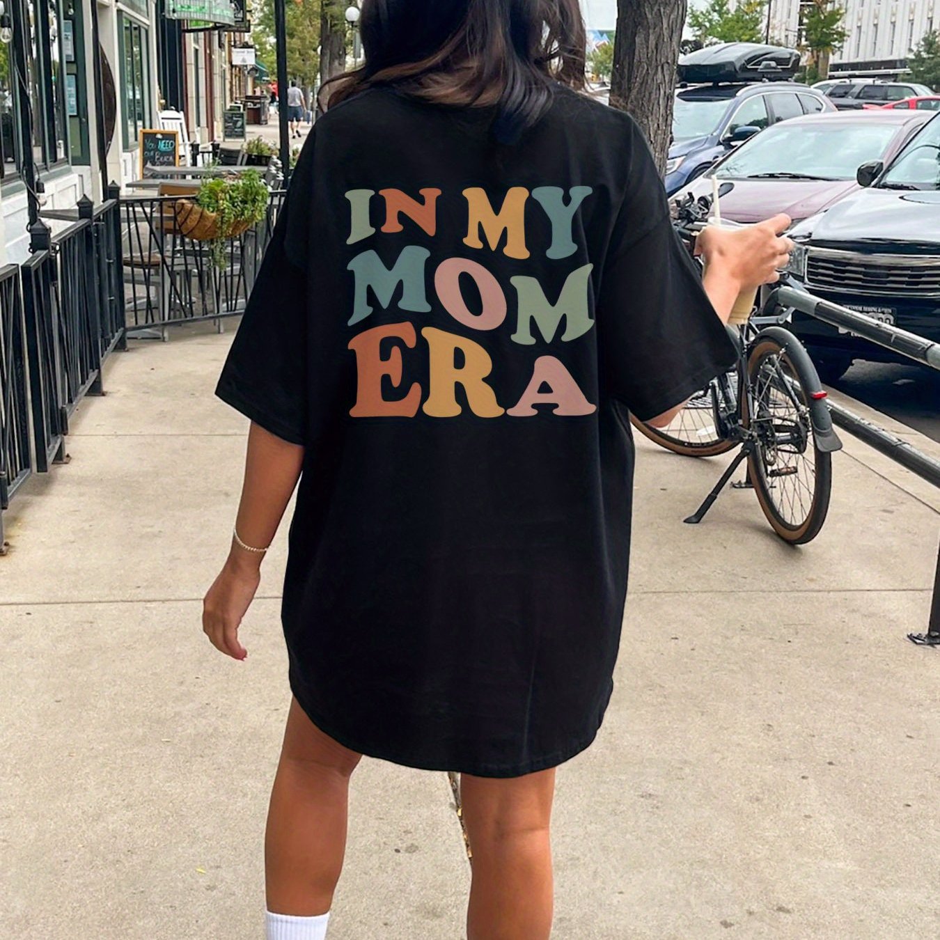 Women's "IN MY MOM ERA" Graphic Print Crew Neck Tee Dress - 100% Cotton Casual Short Sleeve Dress with Bold Letter Design, Machine Washable All-Season Comfort for Spring & Summer Outfits, Relaxed Style, Trendy Design, Durable