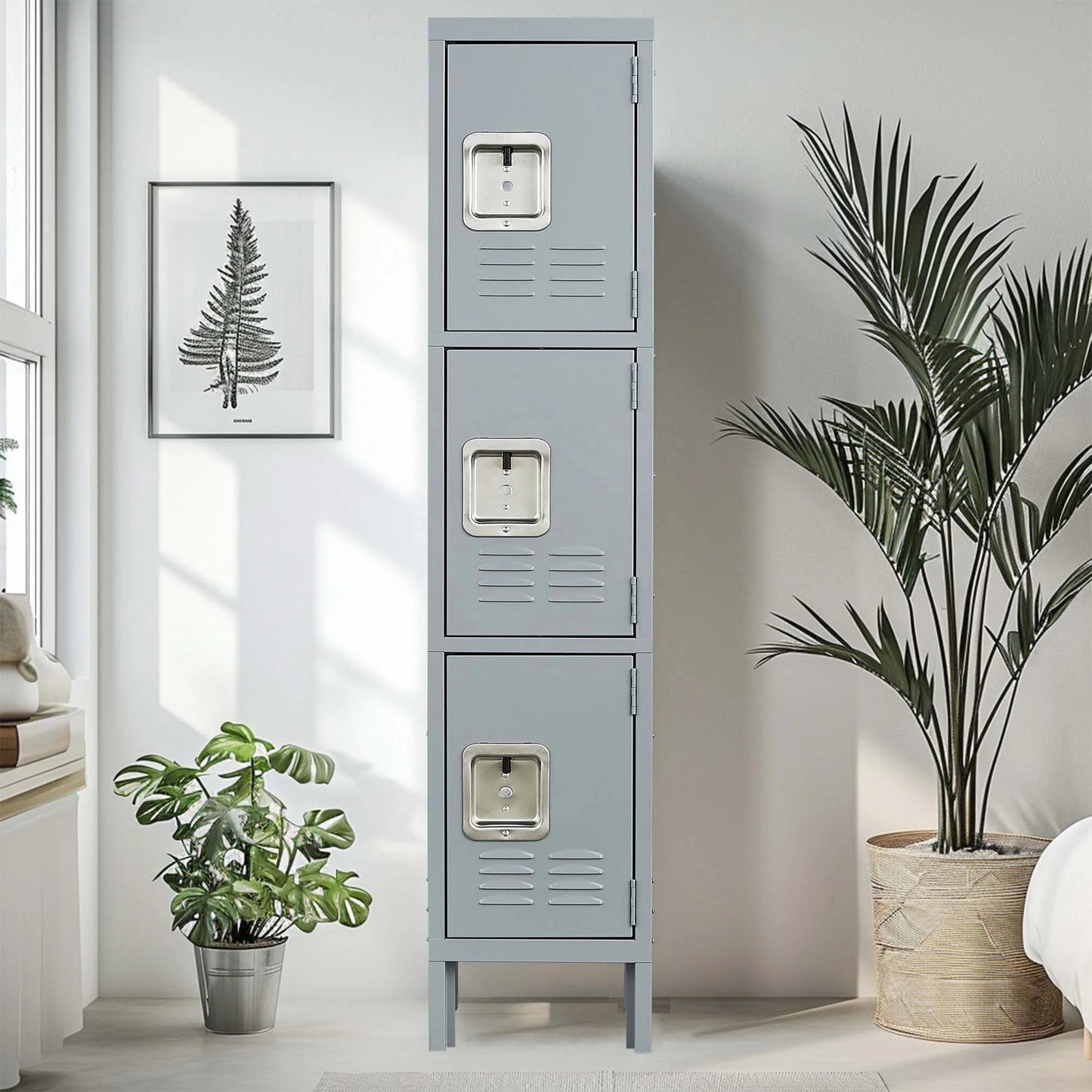 Modern 66-Inch 3-Door Metal Locker Cabinet Free Shipping Gray Home Gym Office School Garage Lock Employees Storage