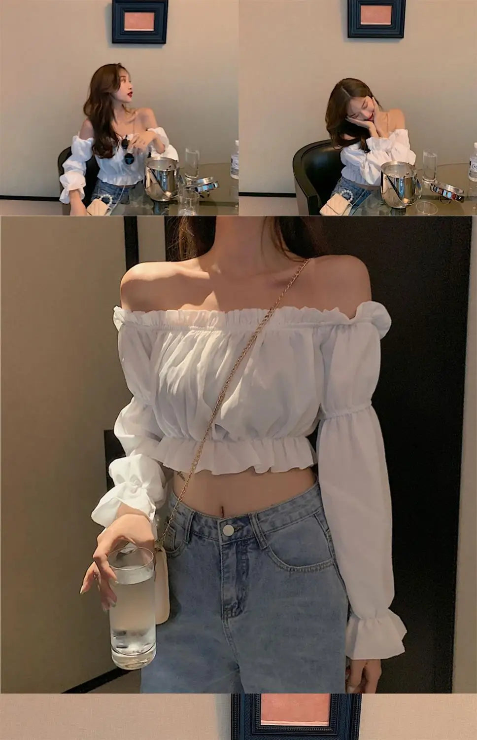 Elegant Off-Shoulder Puff Sleeve Blouse - White Ruffle Crop Top for Party & Club