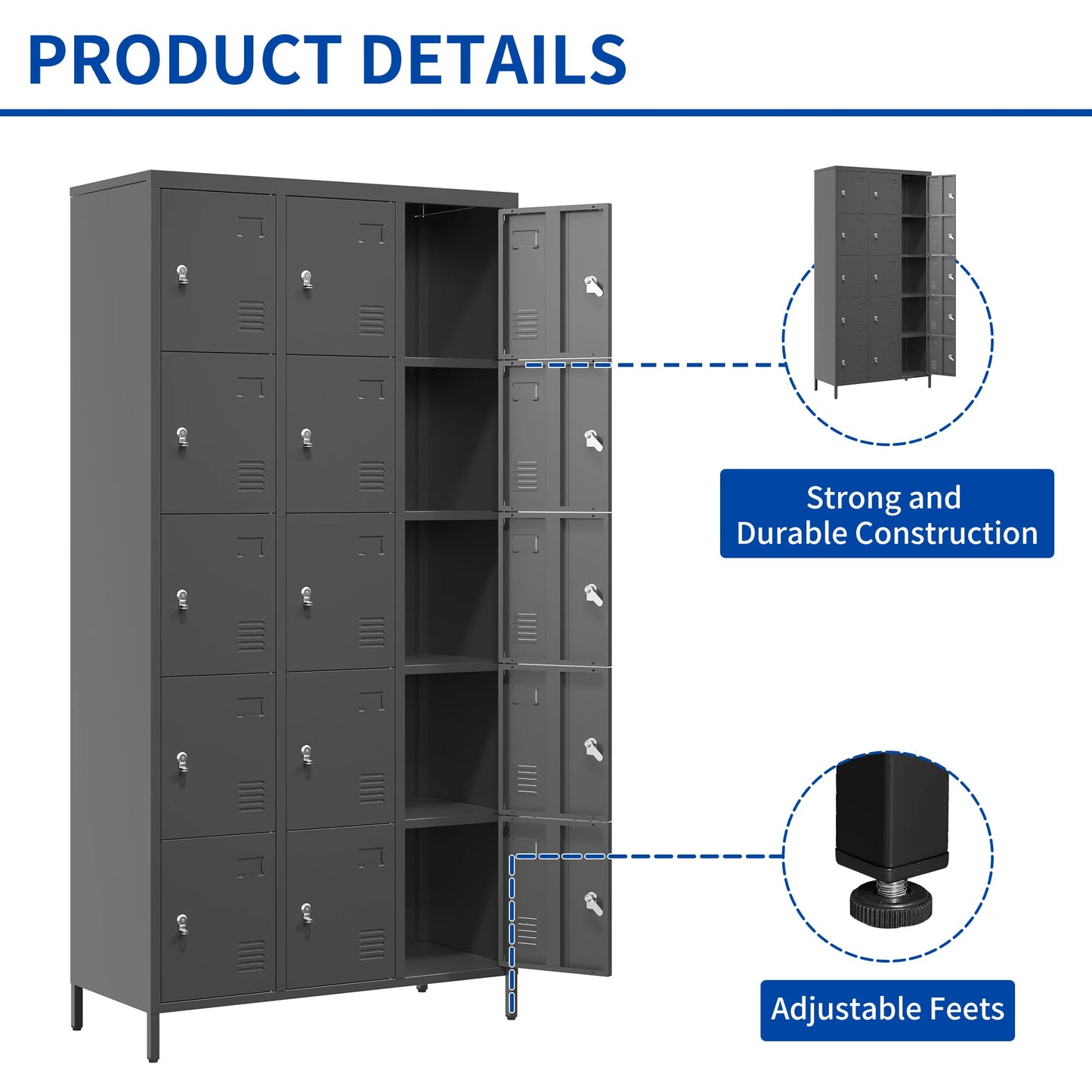 15 Door 72"H Metal Lockers With Lock for Employees Storage Locker Cabinet for Home Gym Office School Garage Easy Assembly Black