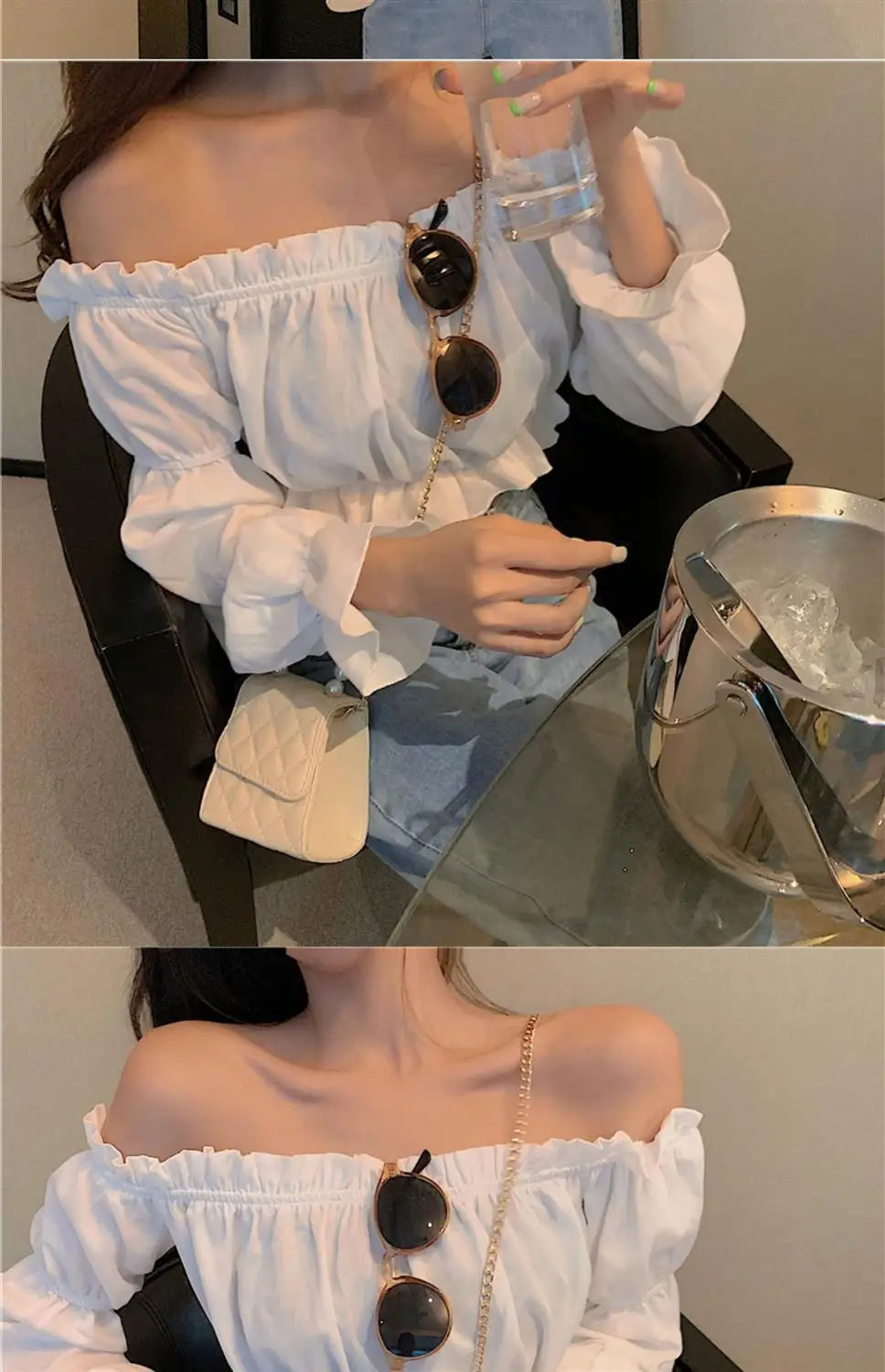Elegant Off-Shoulder Puff Sleeve Blouse - White Ruffle Crop Top for Party & Club