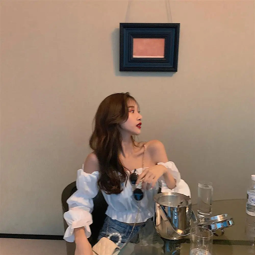 Elegant Off-Shoulder Puff Sleeve Blouse - White Ruffle Crop Top for Party & Club