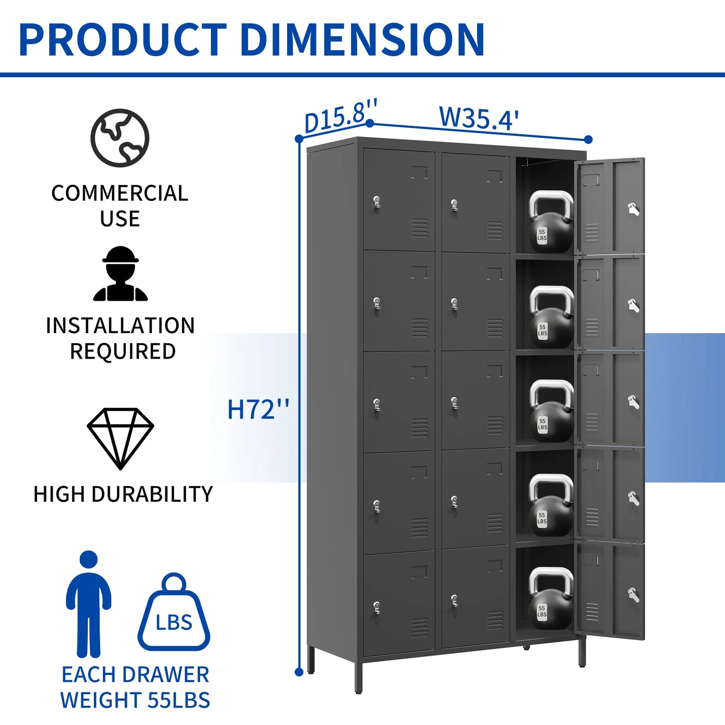 15 Door 72"H Metal Lockers With Lock for Employees Storage Locker Cabinet for Home Gym Office School Garage Easy Assembly Black