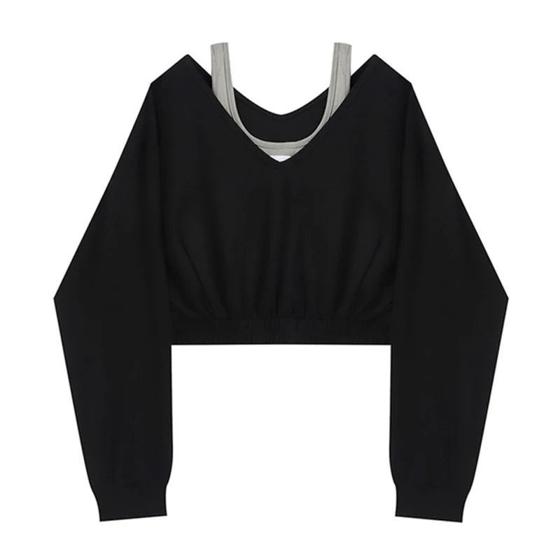 Woman Sweatshirt Hoodies Fashion Female Chic Loose Casual Streetwear Patchwork Ins Street Y2K Fake Two Pieces Hoodies Crop Top