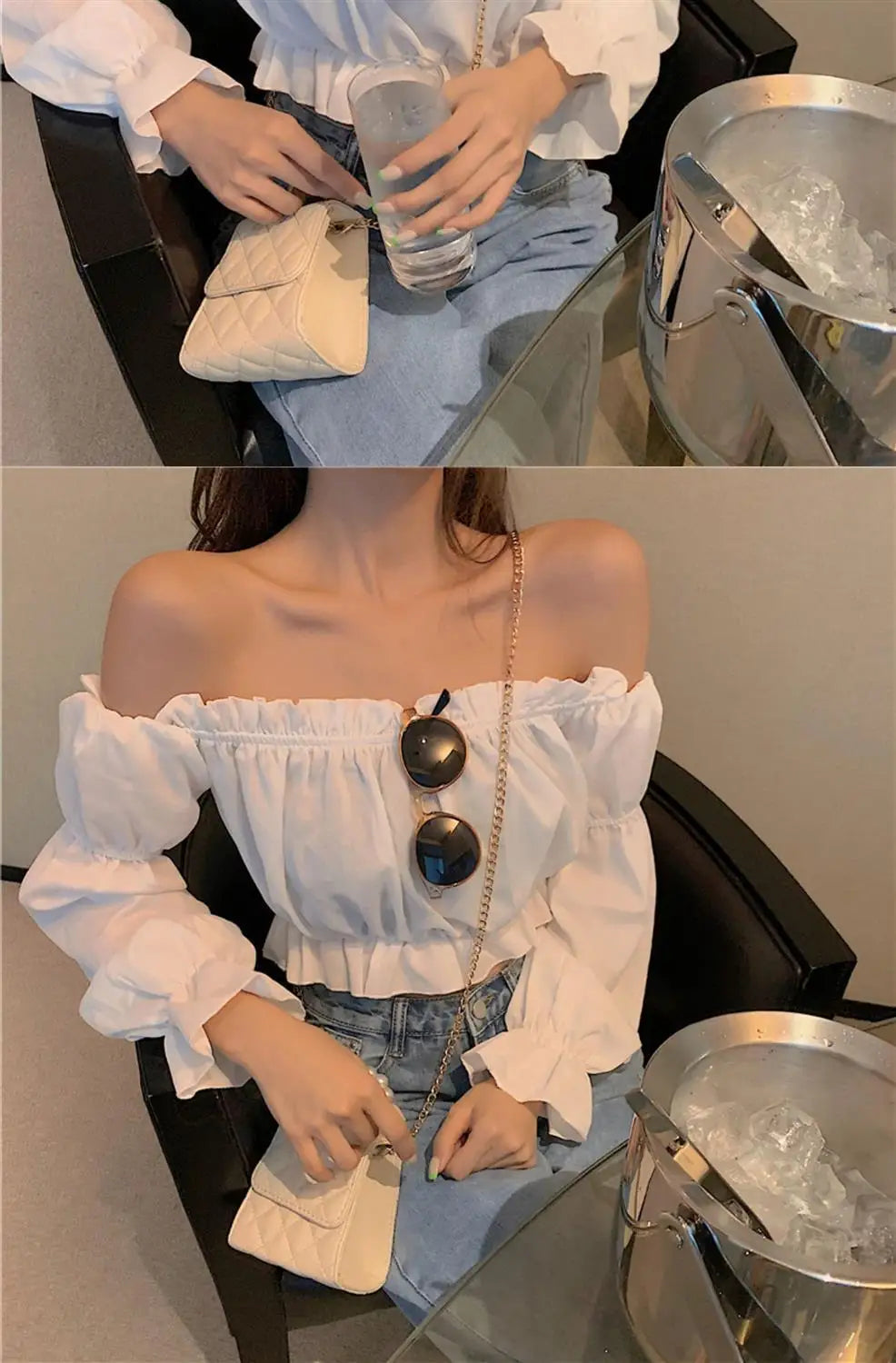 Elegant Off-Shoulder Puff Sleeve Blouse - White Ruffle Crop Top for Party & Club