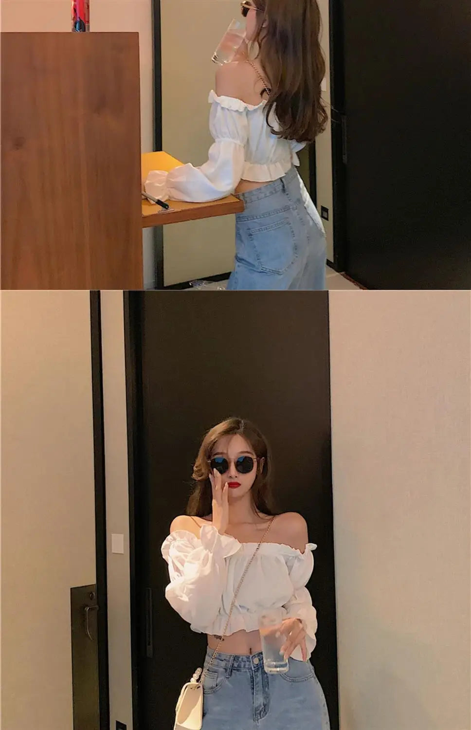 Elegant Off-Shoulder Puff Sleeve Blouse - White Ruffle Crop Top for Party & Club