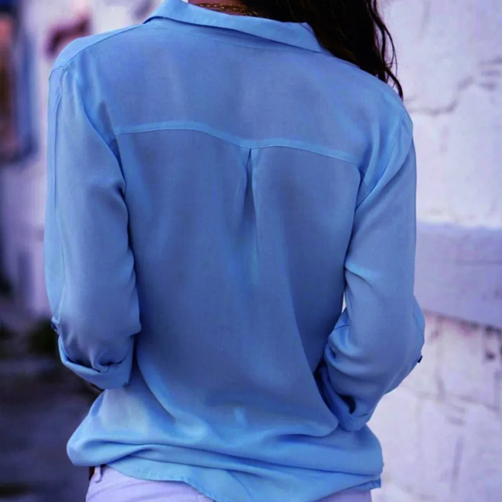 Elegant Chiffon V-Neck Blouse - Long Sleeve Professional Work Shirt Oversized Fit