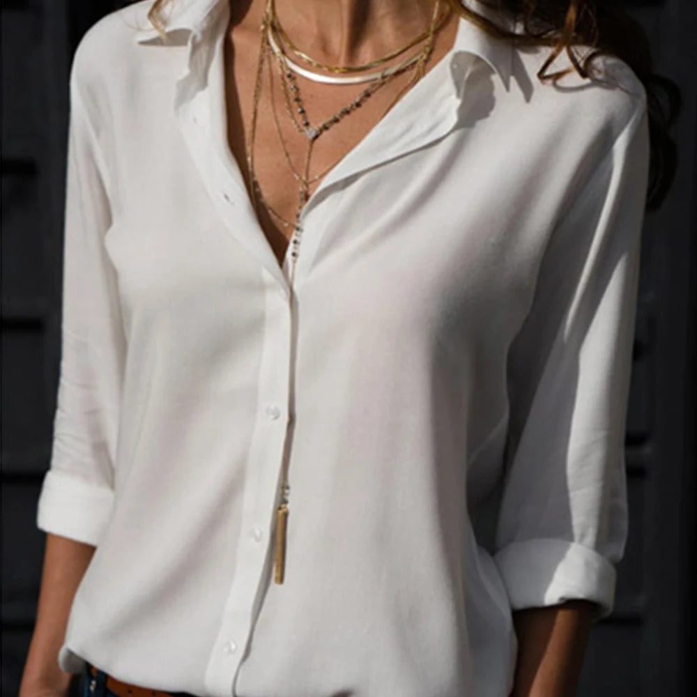 Elegant Chiffon V-Neck Blouse - Long Sleeve Professional Work Shirt Oversized Fit