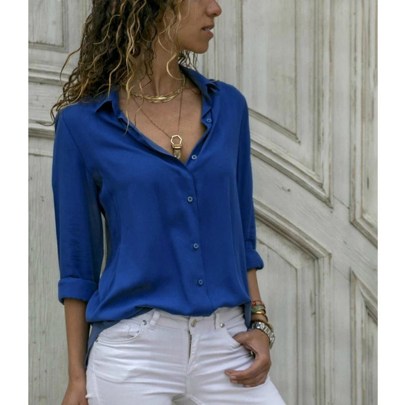 Elegant Chiffon V-Neck Blouse - Long Sleeve Professional Work Shirt Oversized Fit