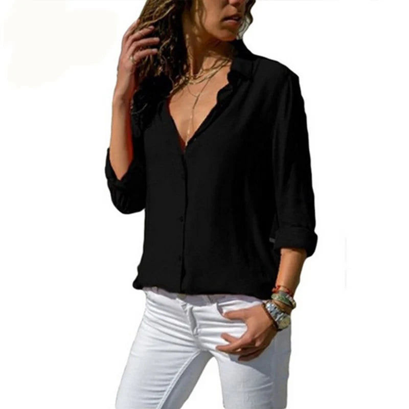 Elegant Chiffon V-Neck Blouse - Long Sleeve Professional Work Shirt Oversized Fit