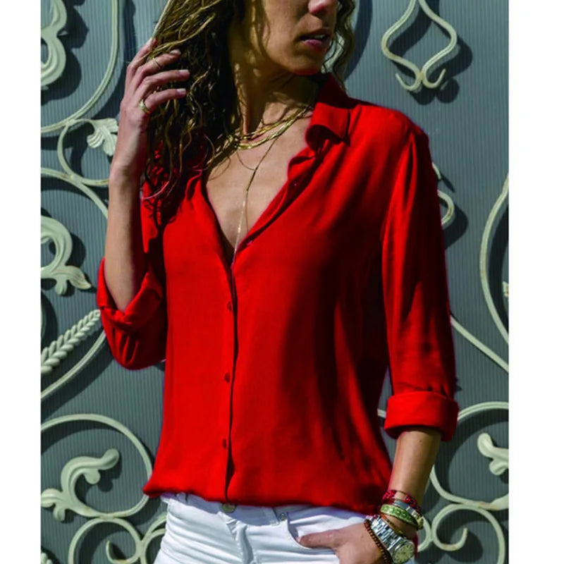 Elegant Chiffon V-Neck Blouse - Long Sleeve Professional Work Shirt Oversized Fit
