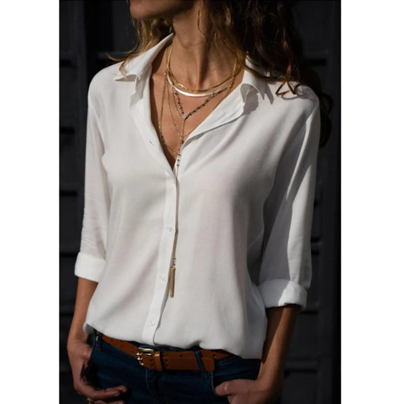 Elegant Chiffon V-Neck Blouse - Long Sleeve Professional Work Shirt Oversized Fit