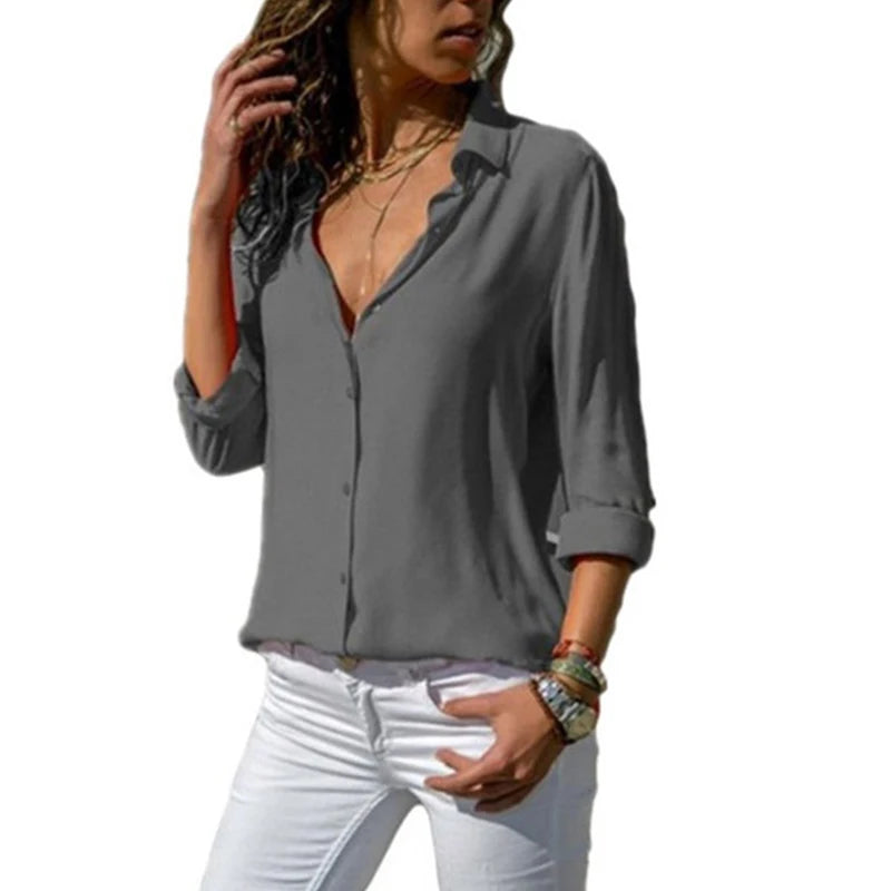 Elegant Chiffon V-Neck Blouse - Long Sleeve Professional Work Shirt Oversized Fit