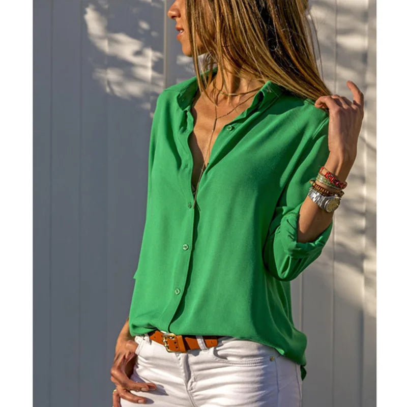 Elegant Chiffon V-Neck Blouse - Long Sleeve Professional Work Shirt Oversized Fit
