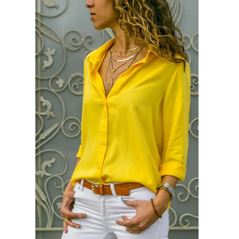 Elegant Chiffon V-Neck Blouse - Long Sleeve Professional Work Shirt Oversized Fit