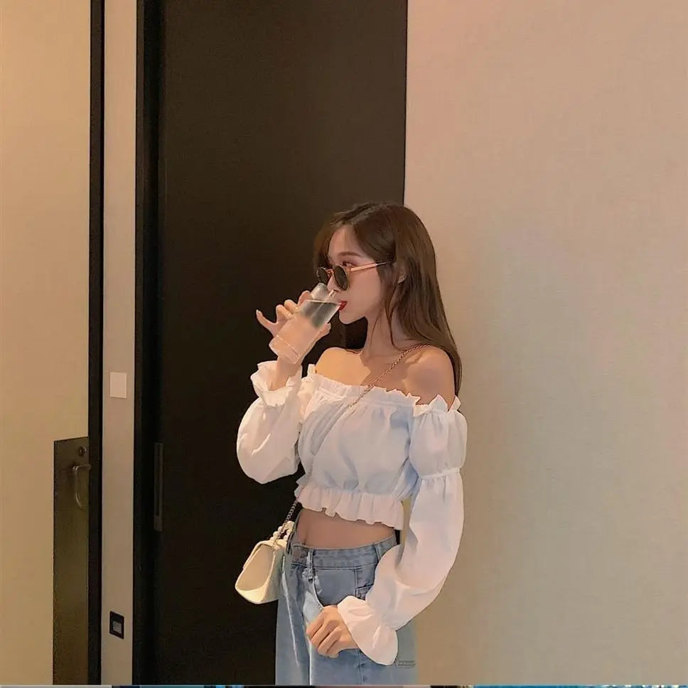 Elegant Off-Shoulder Puff Sleeve Blouse - White Ruffle Crop Top for Party & Club