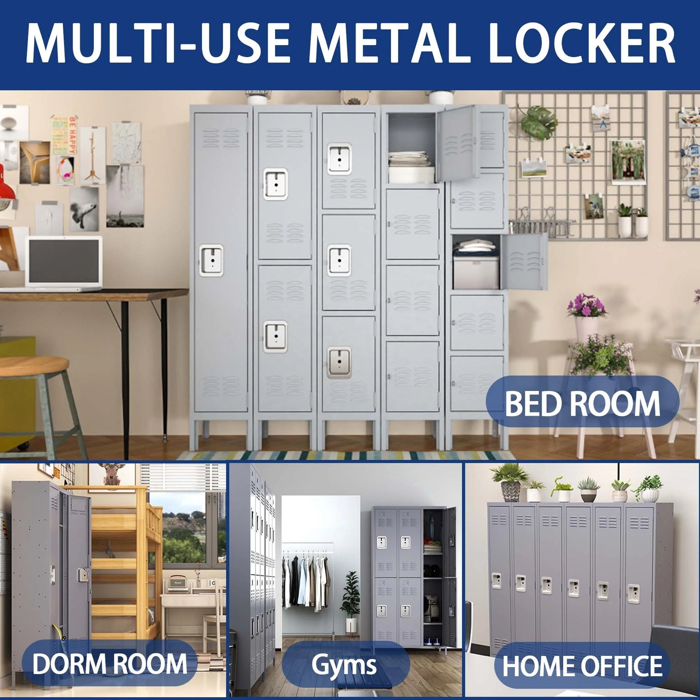 Modern 66-Inch 3-Door Metal Locker Cabinet Free Shipping Gray Home Gym Office School Garage Lock Employees Storage