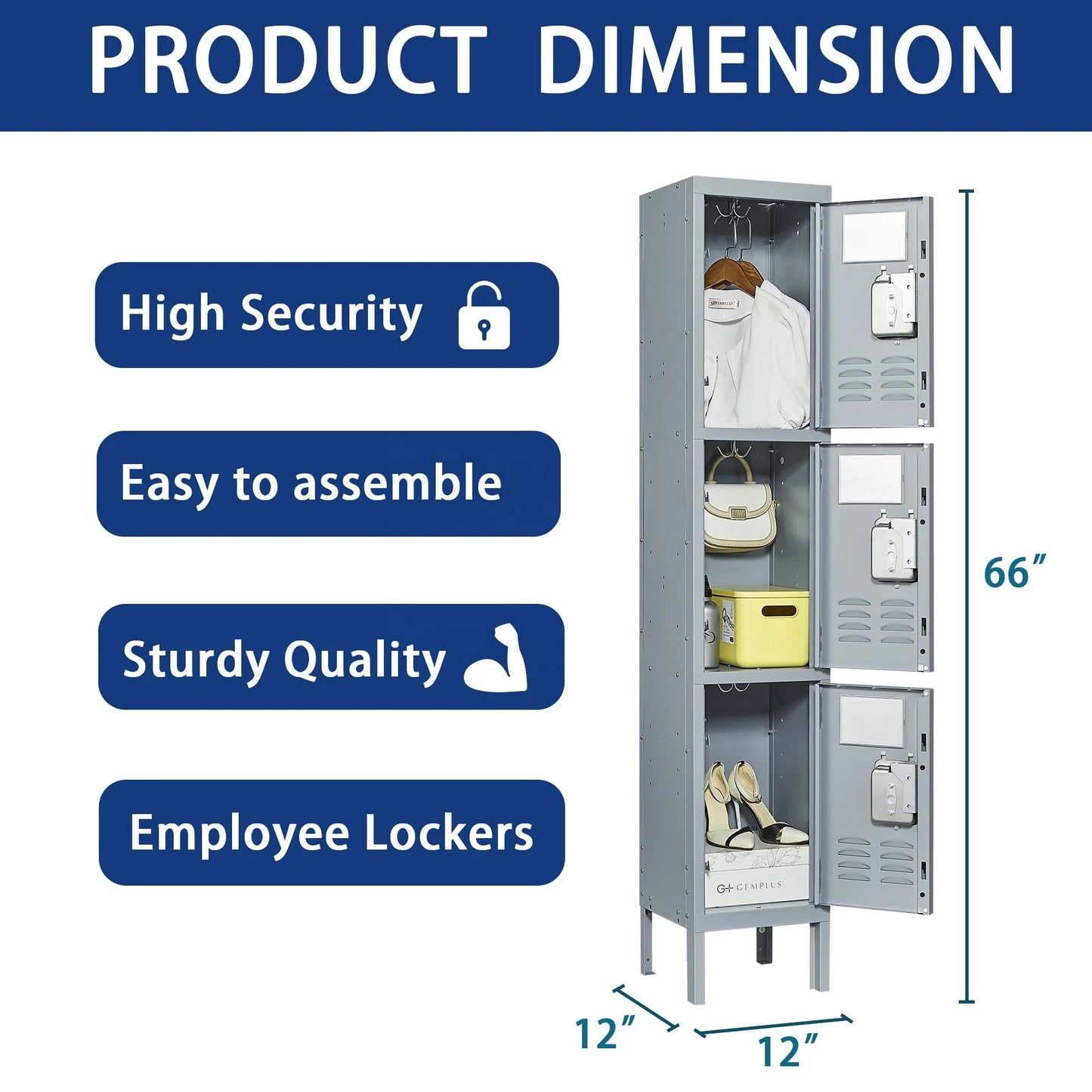 Modern 66-Inch 3-Door Metal Locker Cabinet Free Shipping Gray Home Gym Office School Garage Lock Employees Storage